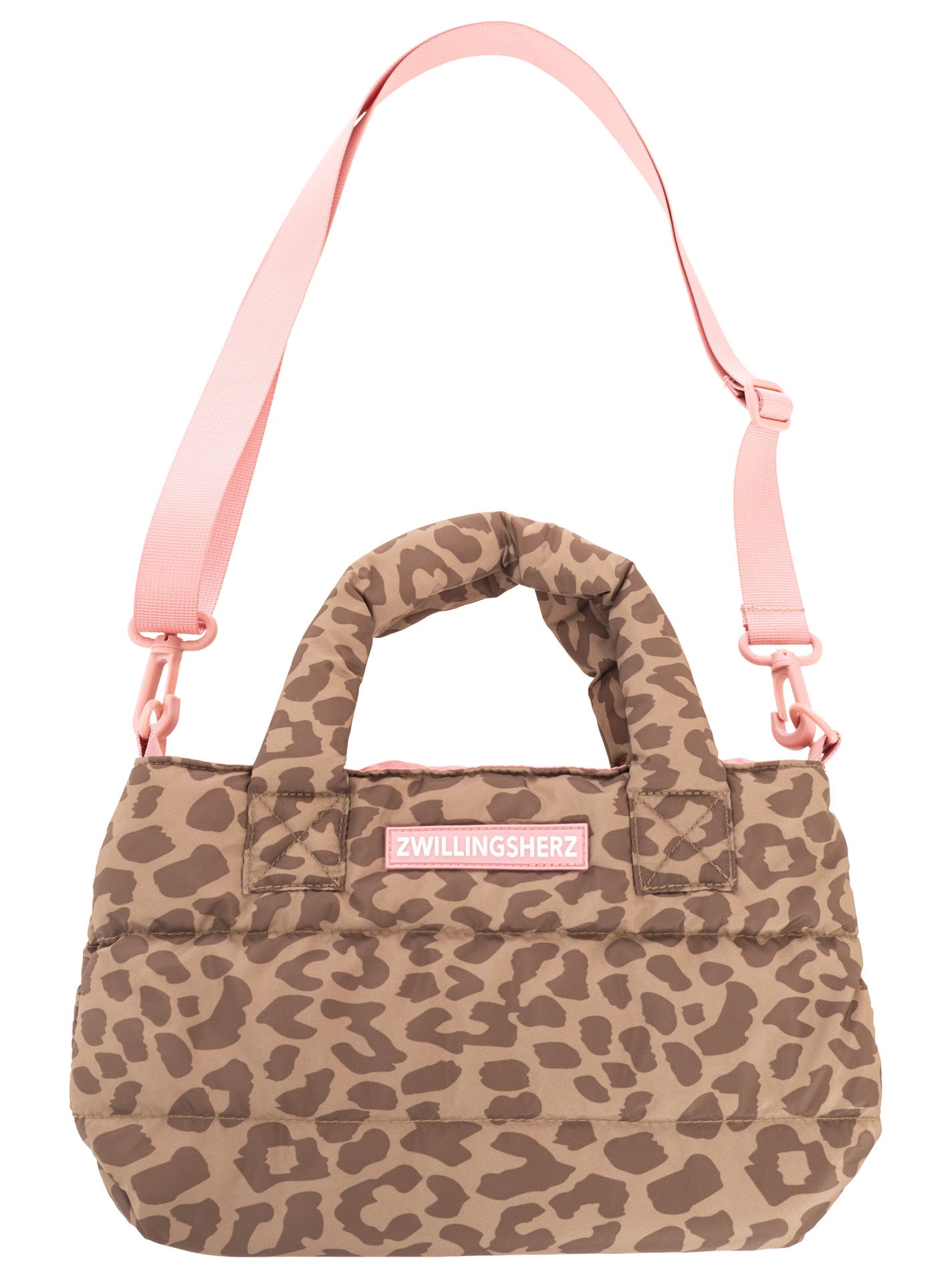 Image of Zwillingsherz Tragetasche ""Leo allover"" Animalprint, pinkes Logo, abnehmbarer Schulterriemen
