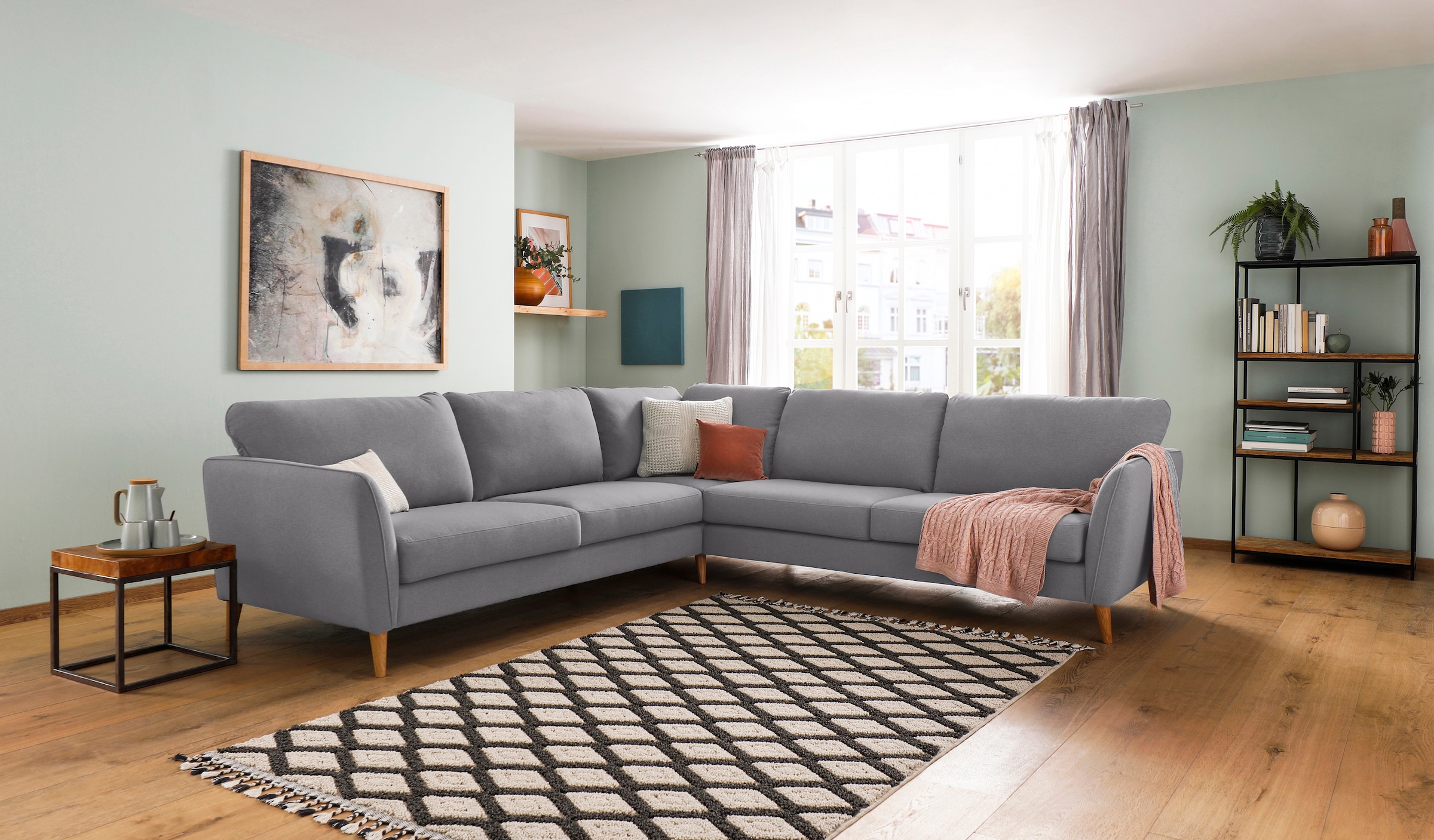 Home affaire Ecksofa »MARSEILLE 278/278 cm, L-Form, Webstoff, Flachgewebe, Filzoptik«, gleichschenklig, Massivholzbeine, Landhausstil, Wellenunterfederung