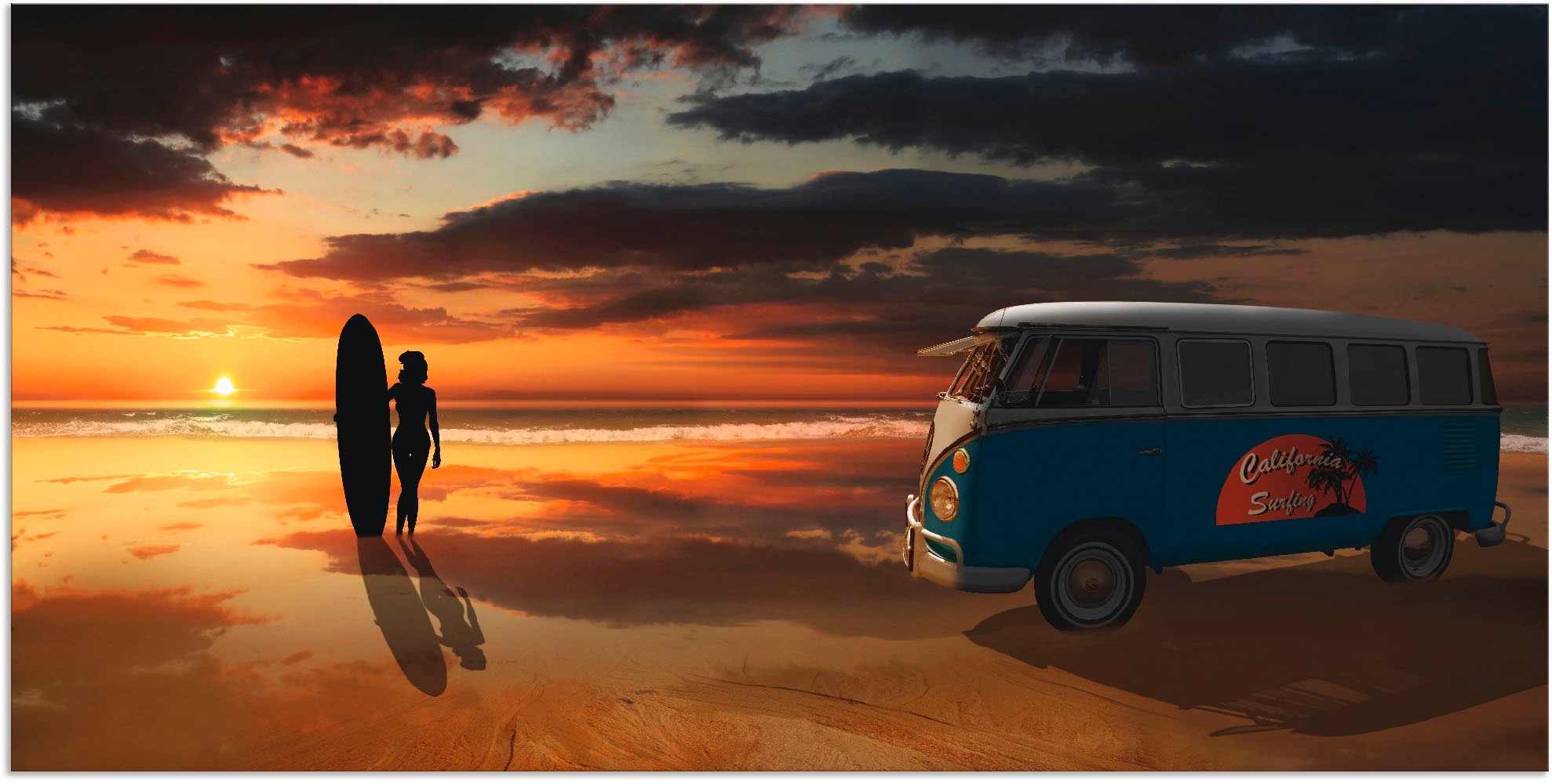 Image of Artland Wandbild »Surfen in Kalifornien mit Bulli T1«, Küste, (1 St.), in vielen Grössen & Produktarten - Alubild / Outdoorbild für den Aussenbereich, Leinwandbild, Poster, Wandaufkleber / Wandtattoo auch für Badezimmer geeignet bei Ackermann Versand Schw