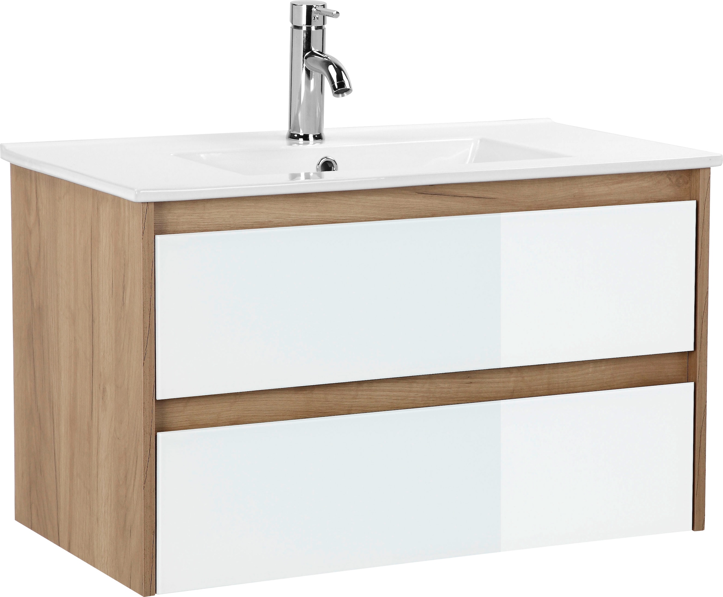 Image of welltime Waschtisch "Torun Badezimmerschrank Unterschrank mit Glasfronten und Softclose" Set, Waschplatz mit 2 Schubladen und Waschbecken Breite 80 cm