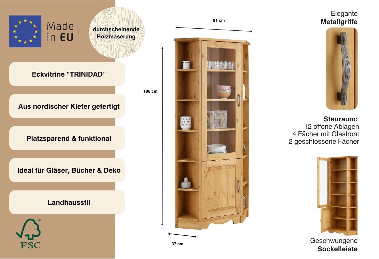 GOODproduct Vitrine d'angle »Trinidad« Höhe 188 cm, FSC® zertifiziertes Massivholz
