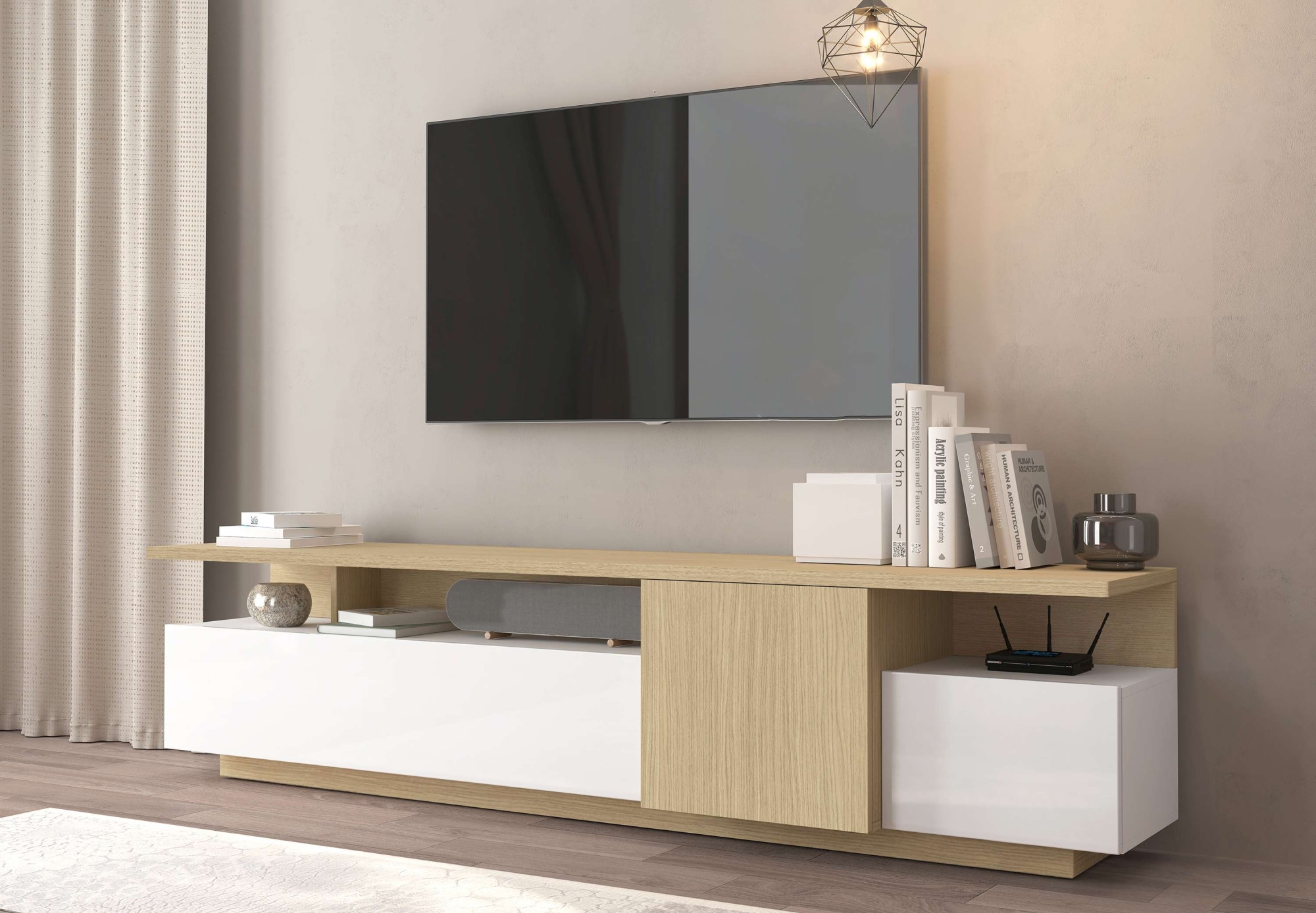 GOODproduct Table basse »Lowboard ETHOS,Lowboard,TV-Kommode,TV-Möbel,TV-Bank« 1 cuis tlg. Avec deux portes tournantes, une porte battante et deux compartiments ouverts, L.210 cm