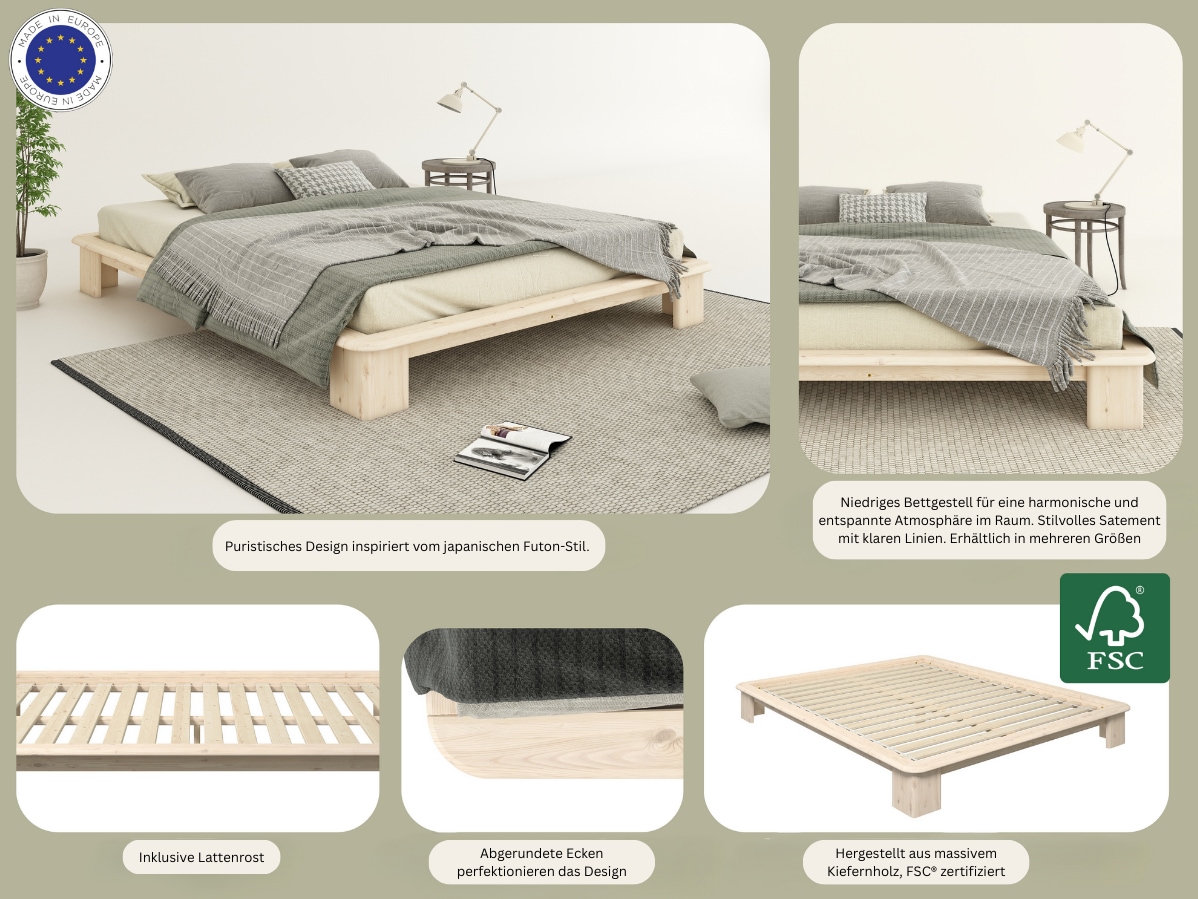 GOODproduct Lit futon »Peregrin, Bett, Bettgestell, Massivholzbett« inklusive Lattenrost, aus massiver Kiefer, FSC®