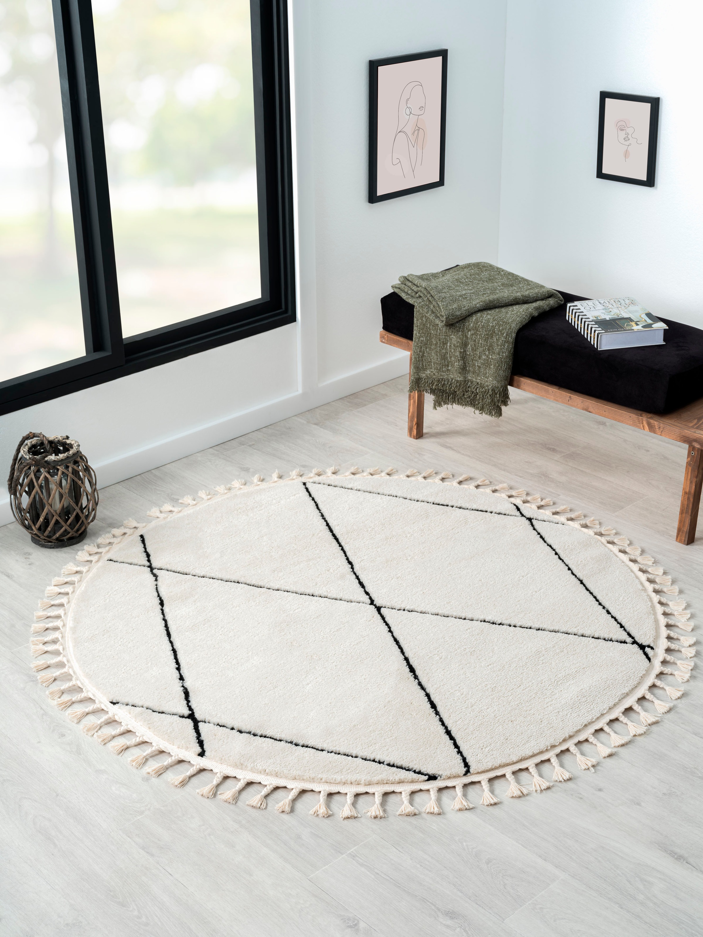 Image of Myflair Möbel & Accessoires Hochflor-Teppich "Moroccan Pattern" rund 24 mm Höhe modern, marokkanisches Design, Rauten Muster, weich, mit Fransen