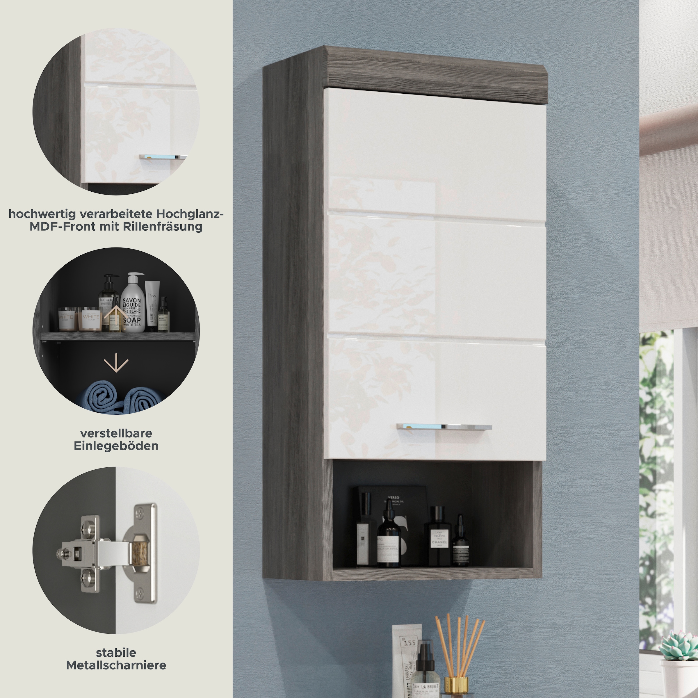 welltime Armoire suspendue »SIENA, Breite 37cm, 1 Tür, 1 offenes Fächer, 1 Einlegeboden, MDF-Front« TOPSELLER!, 1 cuis tlg. in verschiedenen Farben erhältlich, Badmöbel, Badschrank, Schrank, Bad