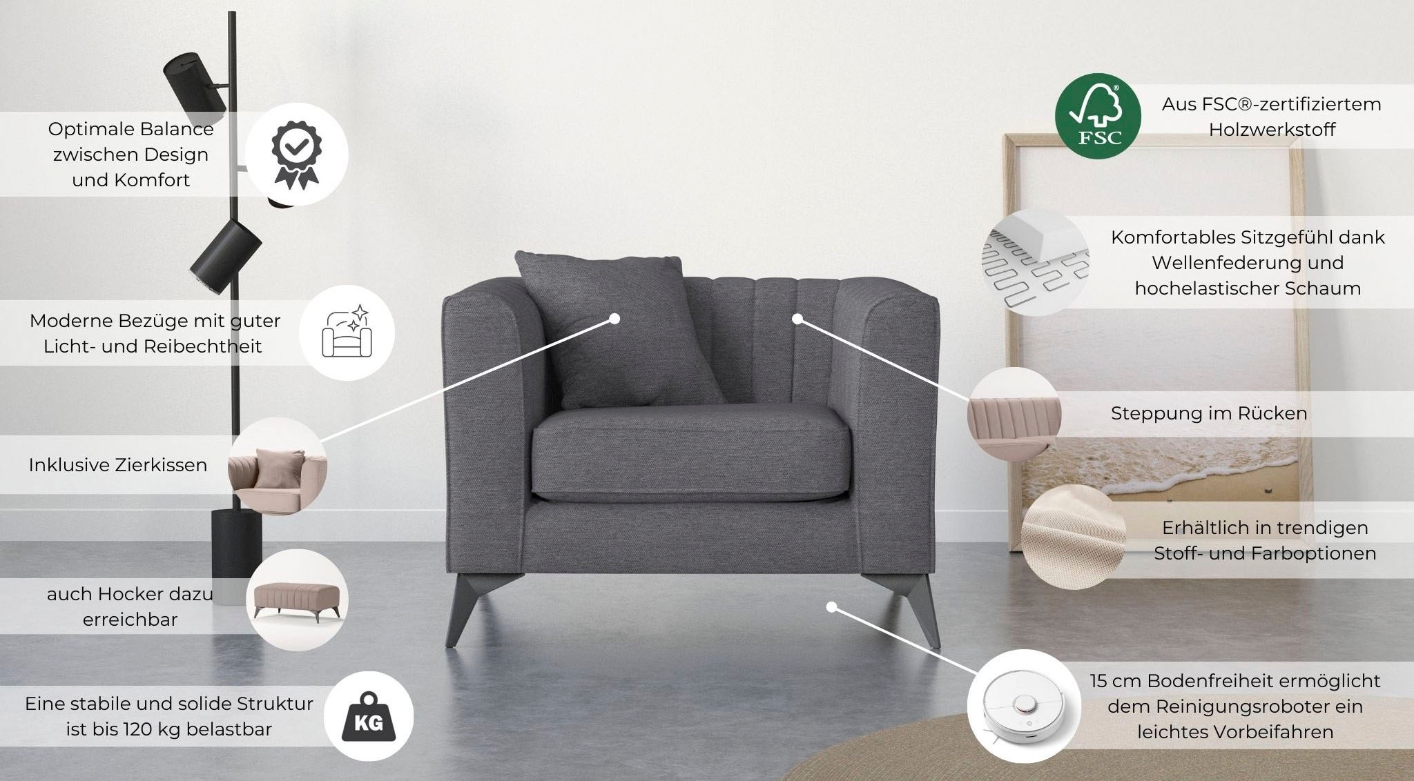 PLACES OF STYLE Sessel »MATTHEW Loungesessel, Masse B/T/H: 99/86/74 cm« incl. 1 Zierkissen, Steppung im Rückenbereich