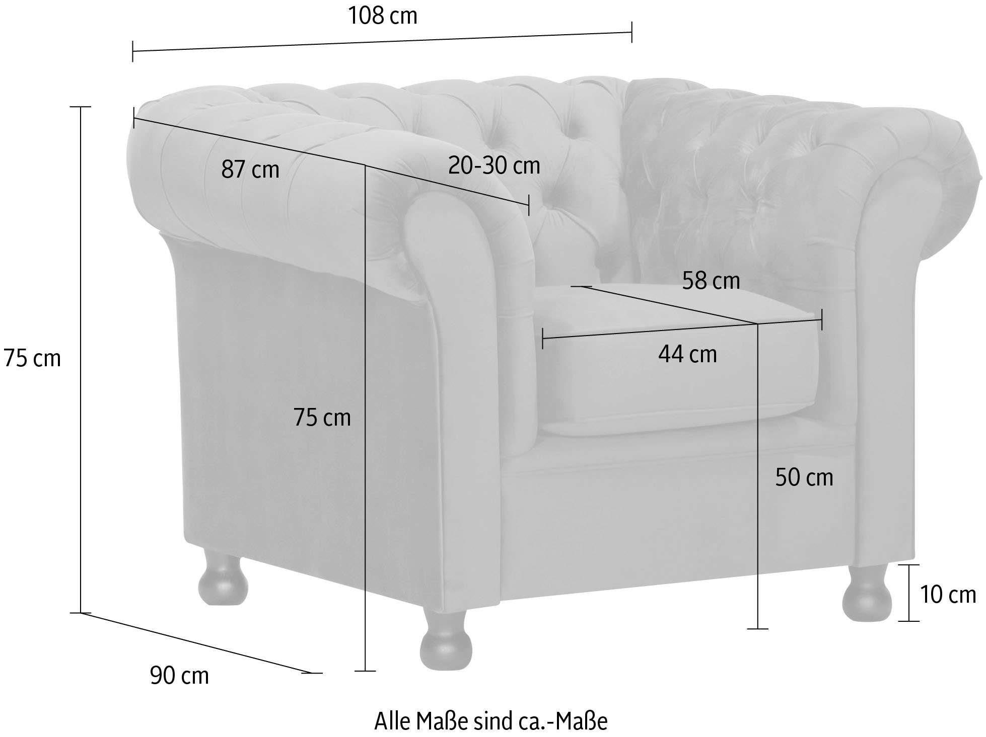 Home affaire Sessel »BRONNOY Chesterfield Sessel mit aufwendiger Knopfheftung, Breite 108cm« Polstersessel mit geschwungenen Armlehnen, Chesterfield-Optik