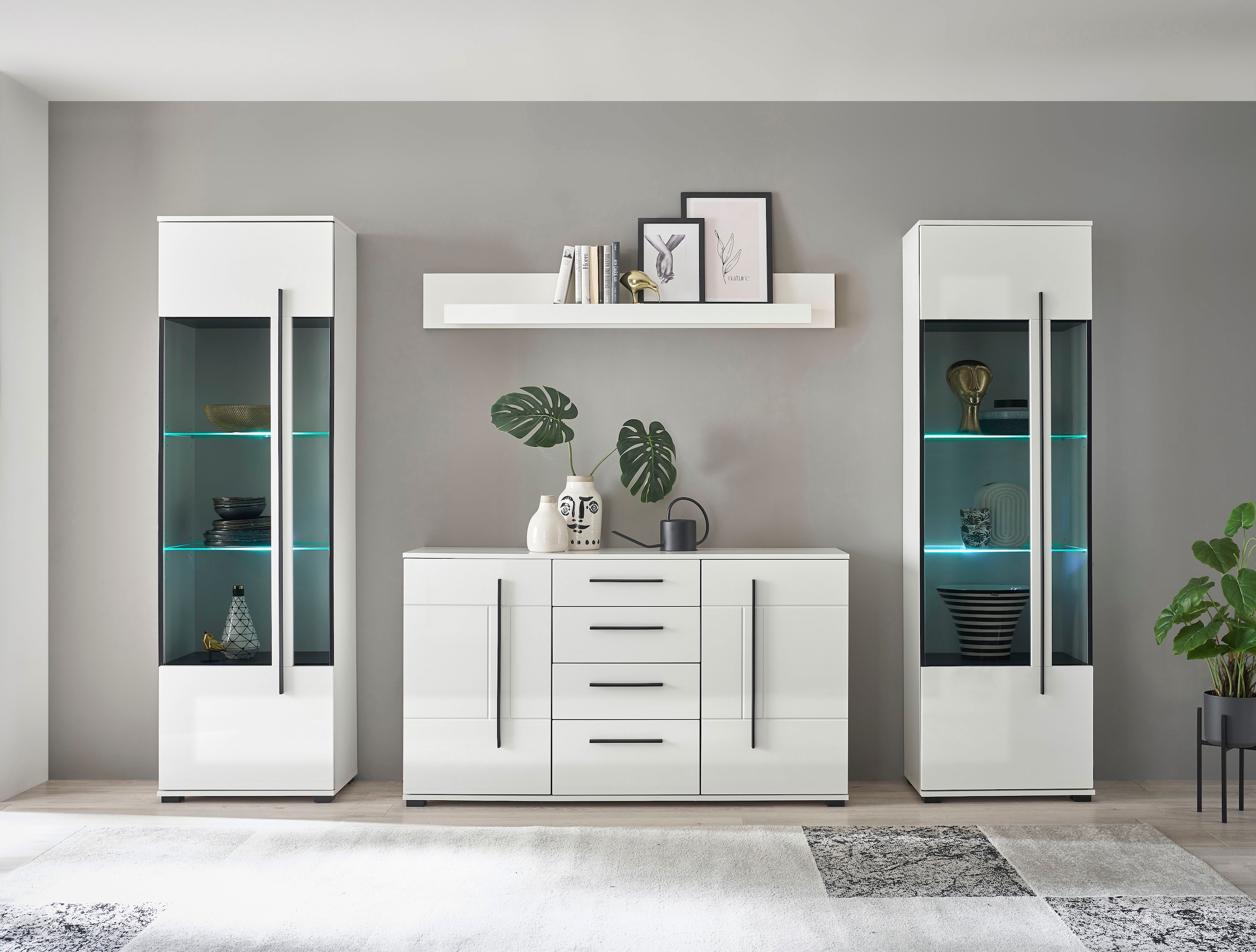 INOSIGN Wohnwand »Cantara, moderne Anbauwand, Wohnzimmer-Set, in Eiche Evoke oder Weiss«, (Set), enthält zwei Vitrinen, ein Sideboard und ein Wandboard
