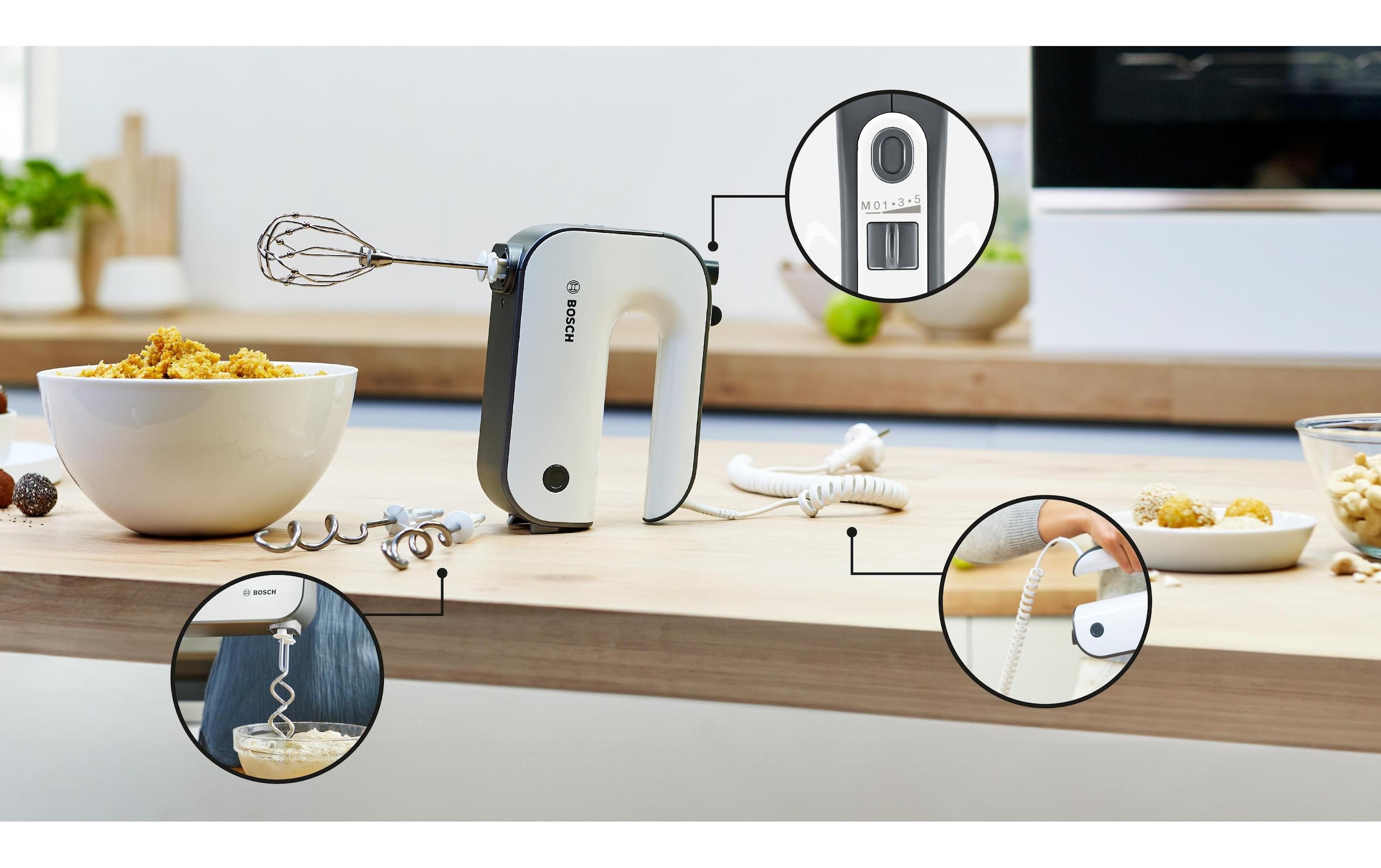 BOSCH Handmixer »MFQ49300, Edelst. Rührbesen/Knethaken, 5 Stufen, Spiralkabel« 850 W Turbotaste, Soft-Touch-Griff, leichtes Gehäuse, Made in Europe