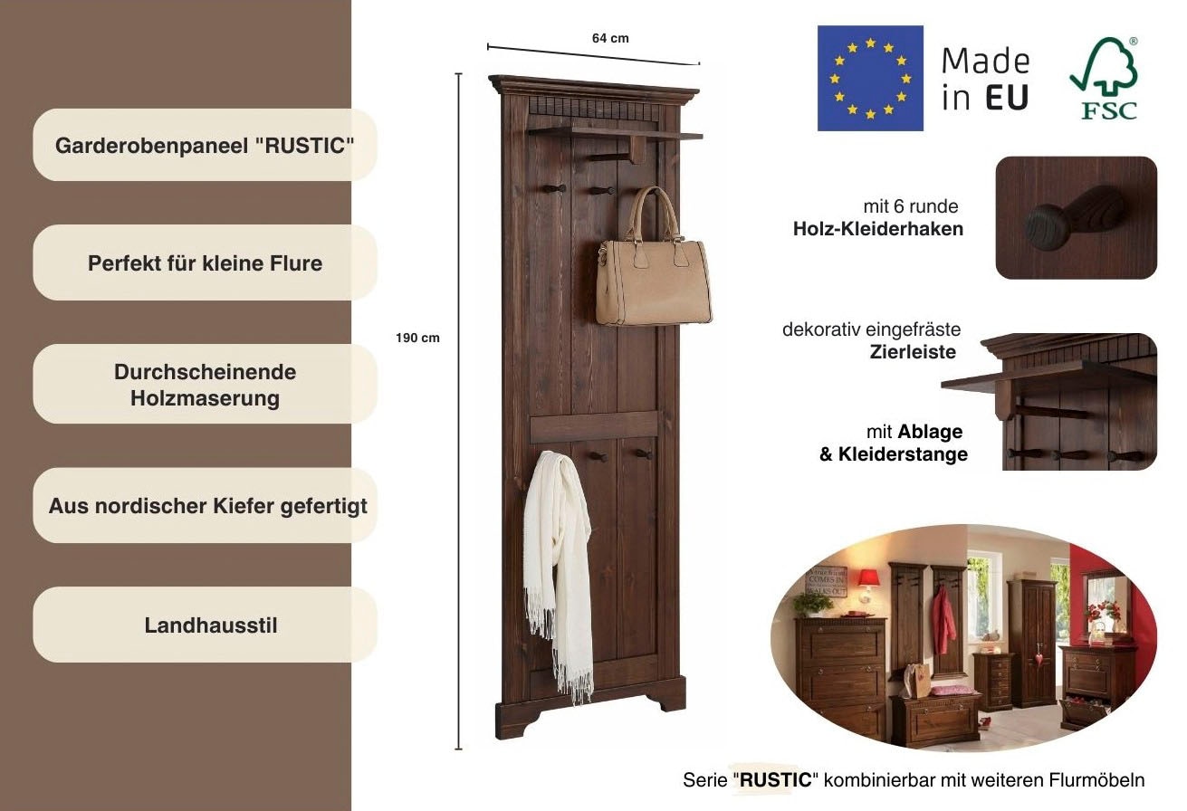 Home affaire Garderobenpaneel »Rustic«, aus massiver Kiefer, Höhe 190 cm, mit Ablage, Holzhaken