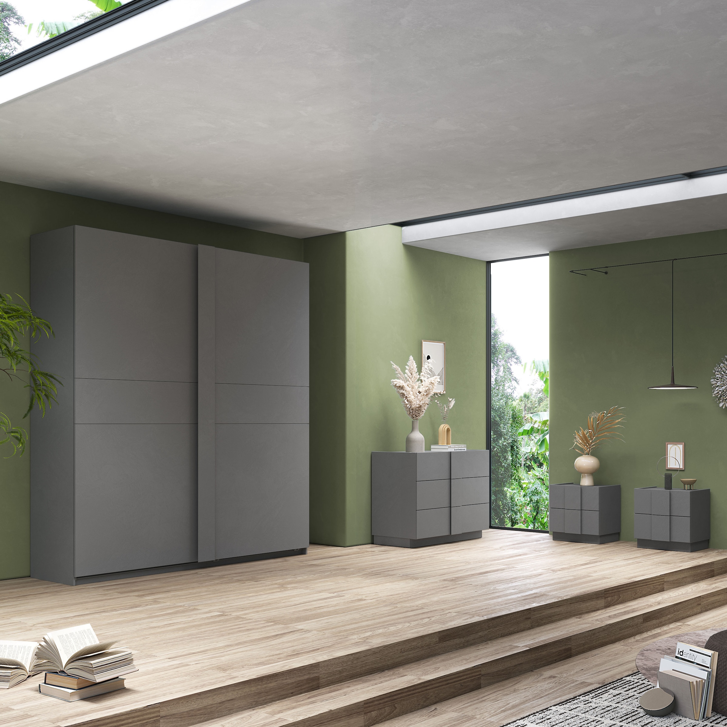 INOSIGN Schwebetürenschrank »Jupiter, Schiebetürenschrank in Steingrau« 2 Breiten, moderne Griffblende, Metallgriffleisten, 22 mm Böden