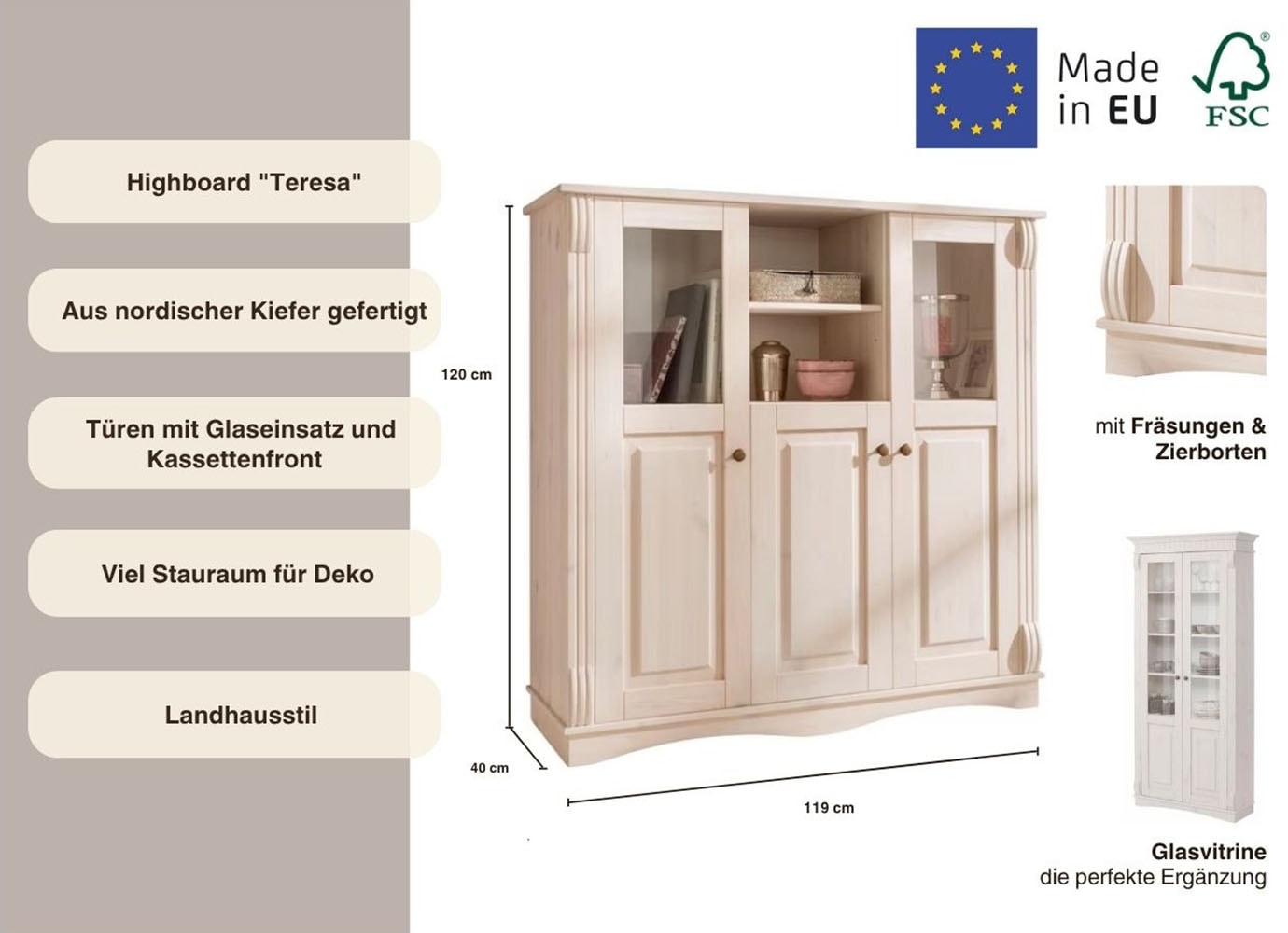 Home affaire Highboard »Teresa«, (Masse (B/T/H): 119/40/120 cm), Vitrine, Türen mit Glaseinsätzen, aus massiver Kiefer, FSC®