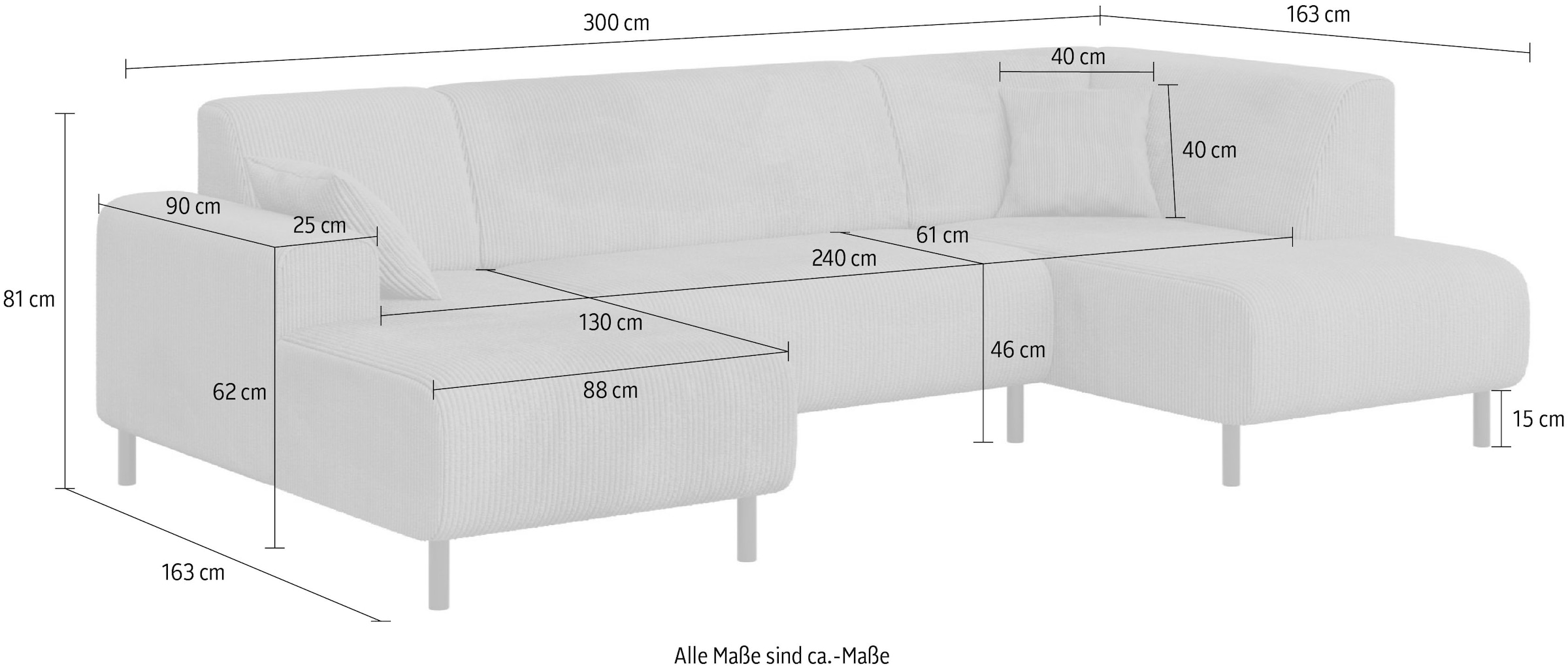 Home affaire Wohnlandschaft »ARROS U-Form mit Wellenunterfederung, Masse B/T/H: 300/163/81 cm«, incl. Zierkissen, mit Recamiere links/rechts bestellbar, auch in Cord