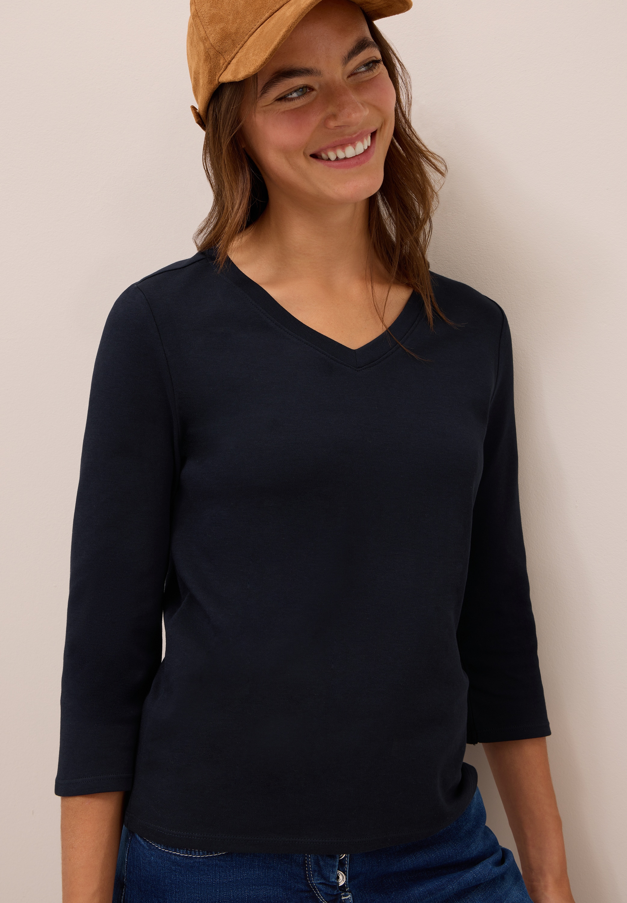 Cecil 3/4-Arm-Shirt mit V-Ausschnitt, unifarben