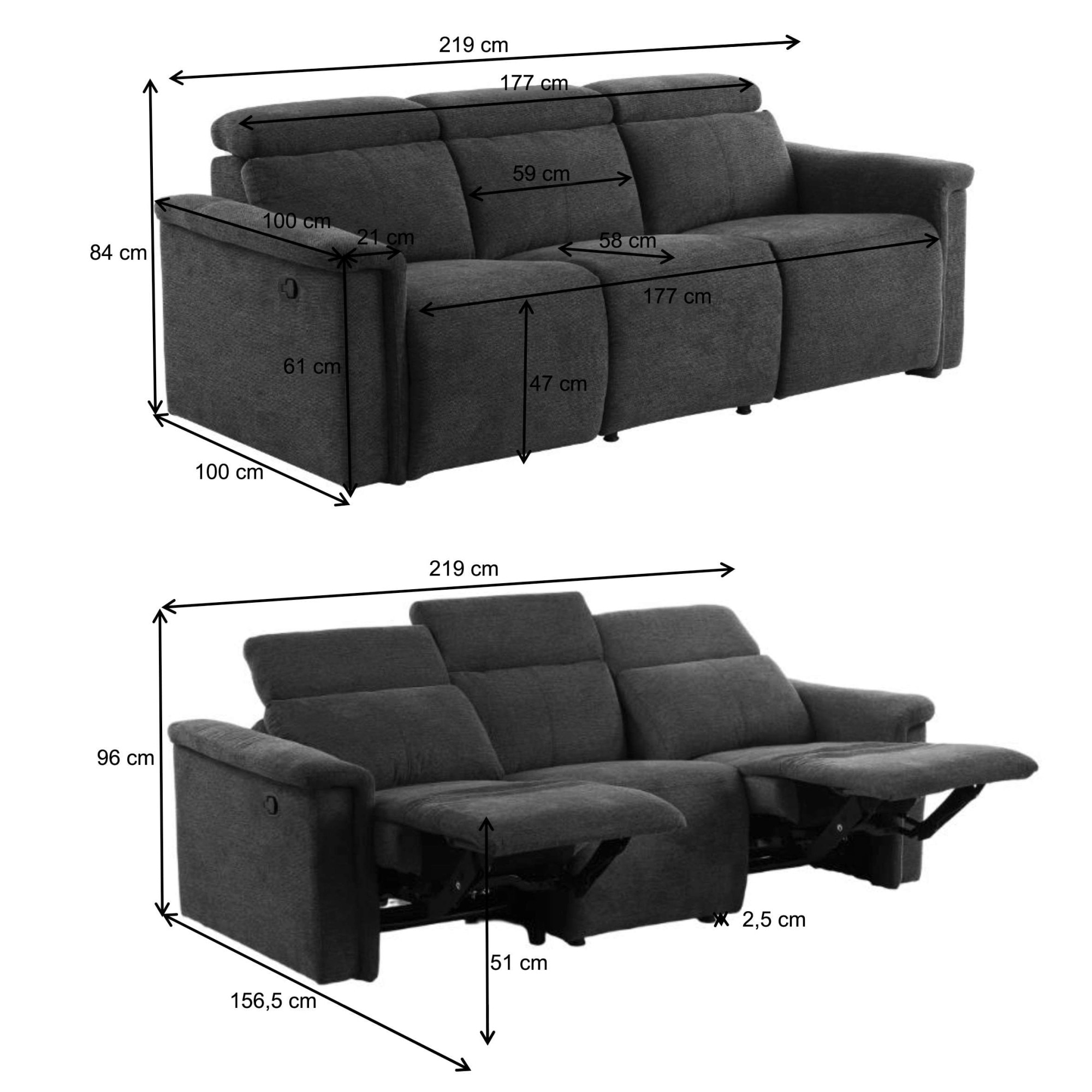 GOODproduct 3-Sitzer »LUND NEW Struktur (219cm), man./elektr. Relaxfunktion in 2 Sitzen« USB-A/C bei elektrischer Variante und Kopfteilverstellung