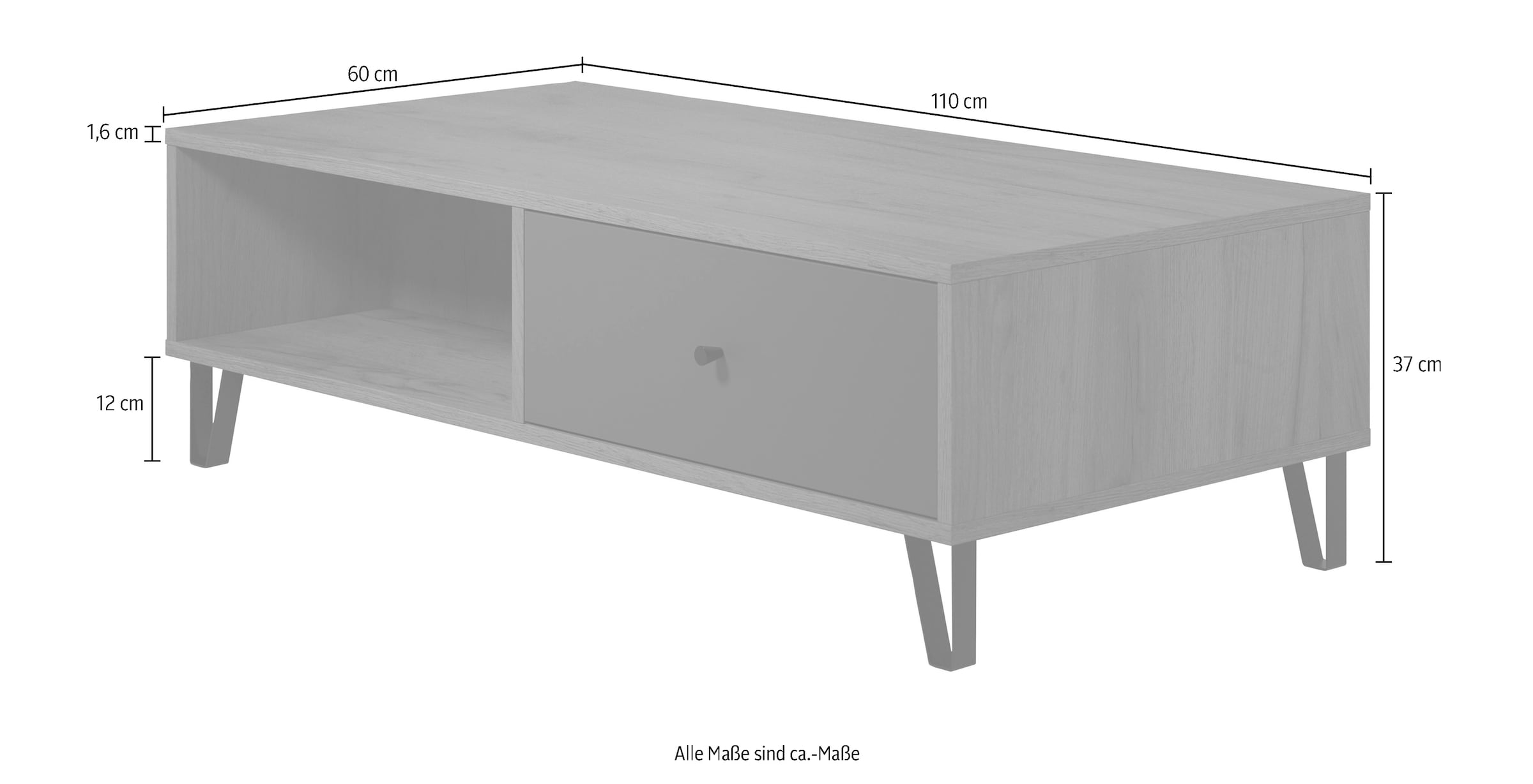 Places of Style Couchtisch »Molveno«, (1 St.), Sofatisch mit 2 Fächern, Schubladen und extravaganten Metall-Füssen