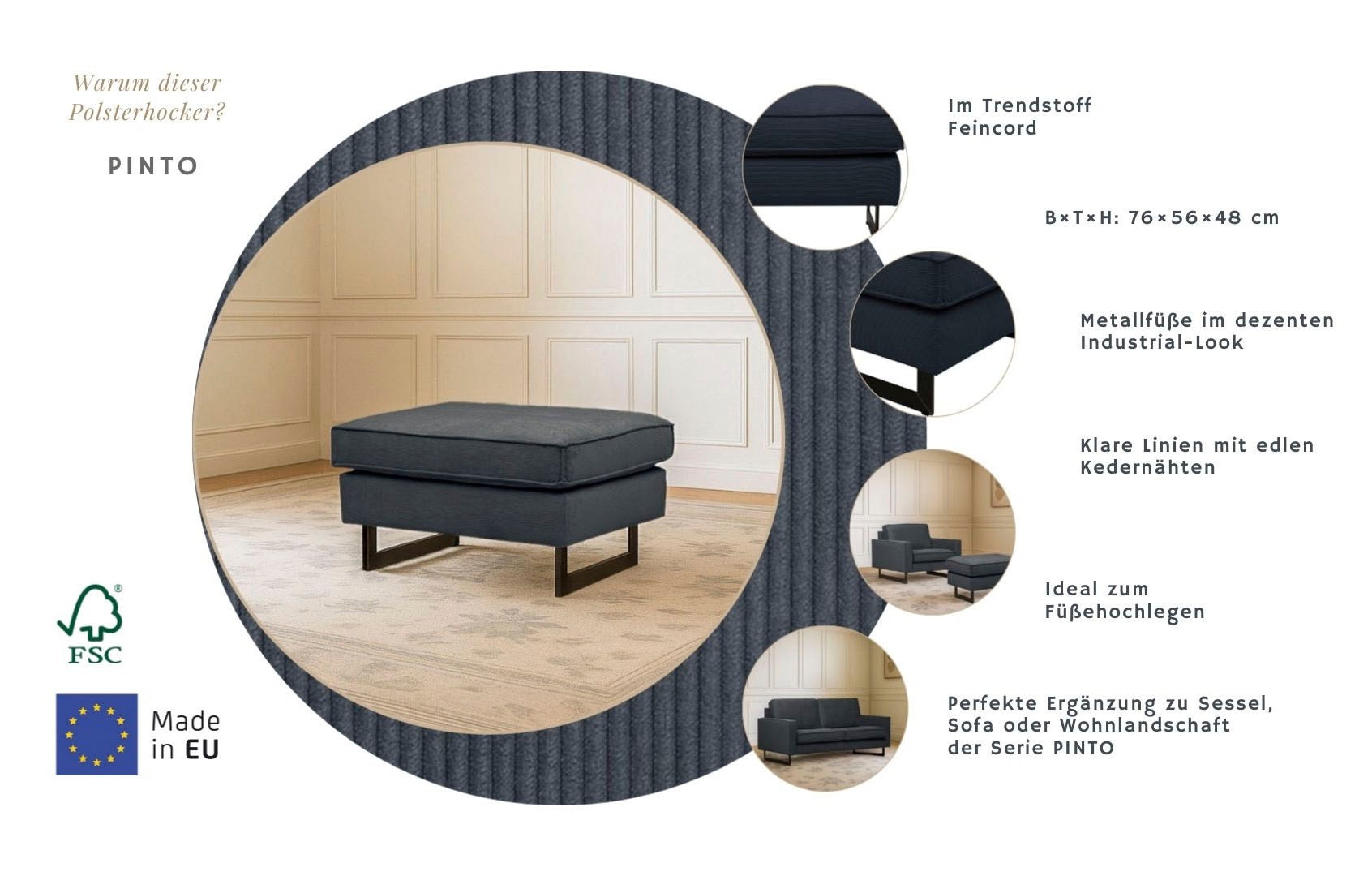 Home affaire Polsterhocker »Pinto« mit Keder, Metallfüssen und auch in Cord Bezug erhältlich