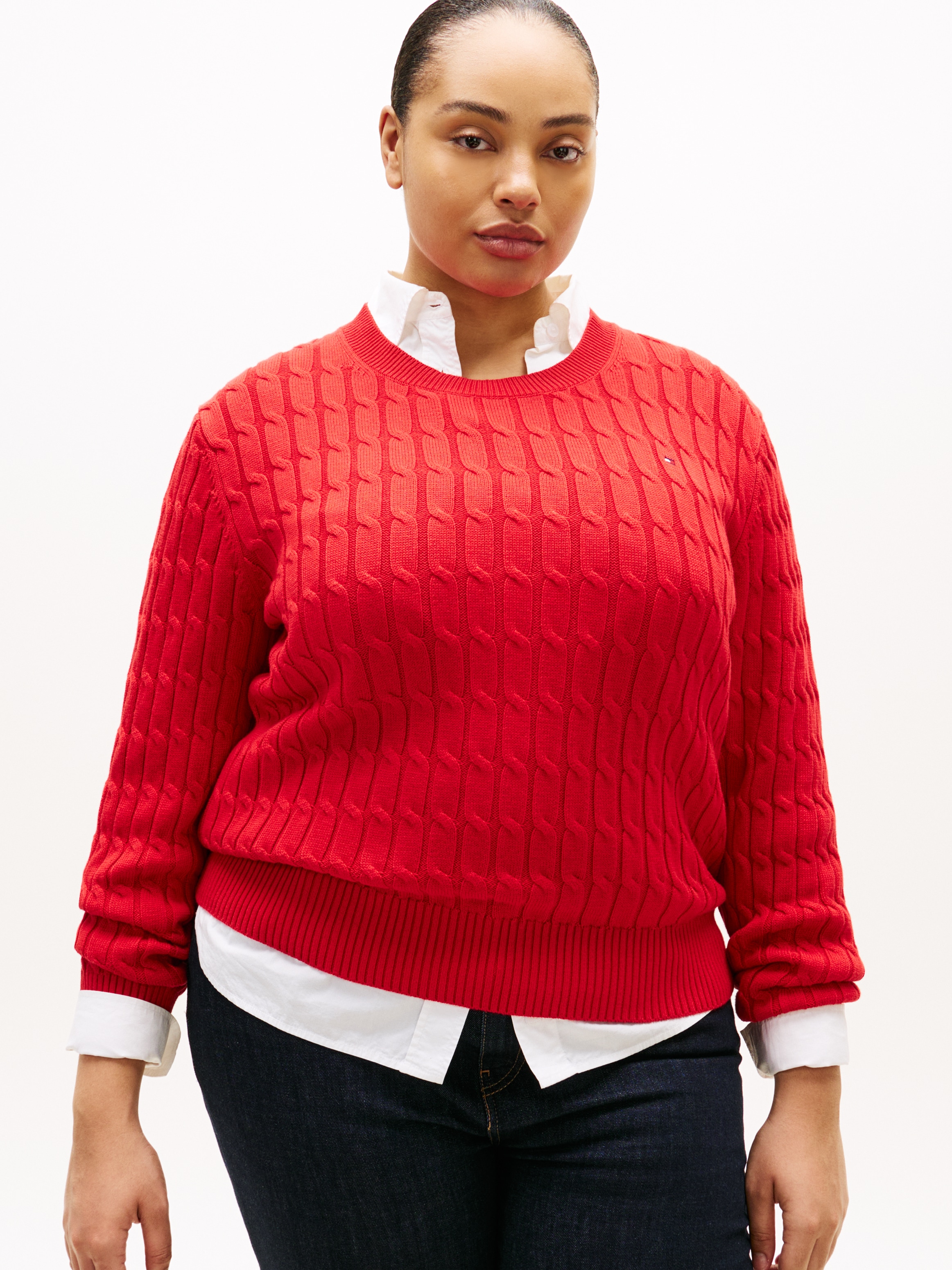 Tommy Hilfiger Curve Rundhalspullover »CRV CO CABLE MID GG C-NK LS SWT« in grossen Grössen, mit Zopfmuster