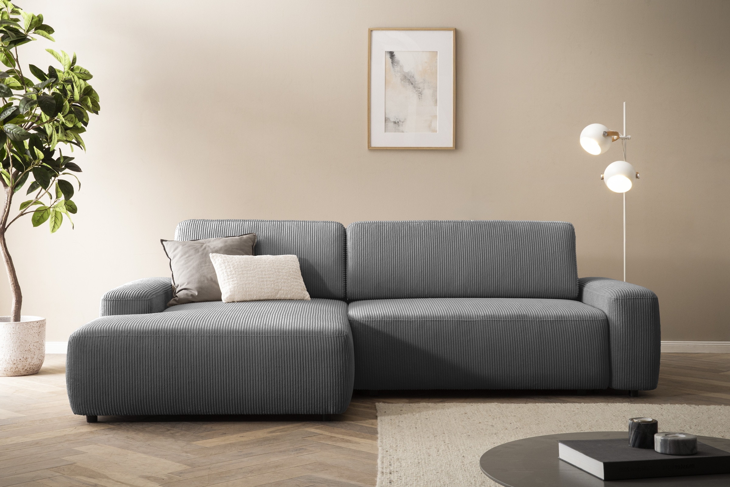 Home affaire Ecksofa »TORGE (264cm), Schlafsofa in Cord, Samtvelours o Struktur fein, L-Form« Schlaffunktion, Bettkasten, Liegefläche: 125/210 cm