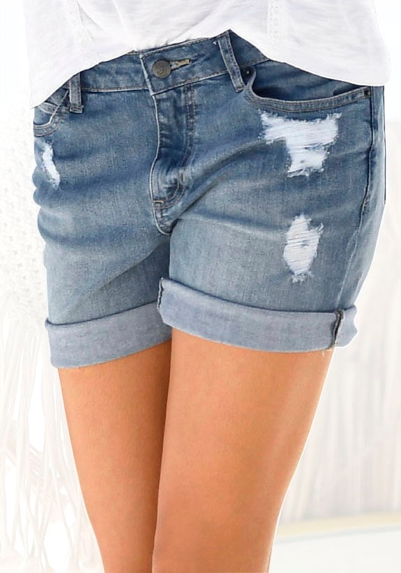 Jeansbermudas, mit Destroyed-Effekten, Shorts zum Krempeln, kurze Hose