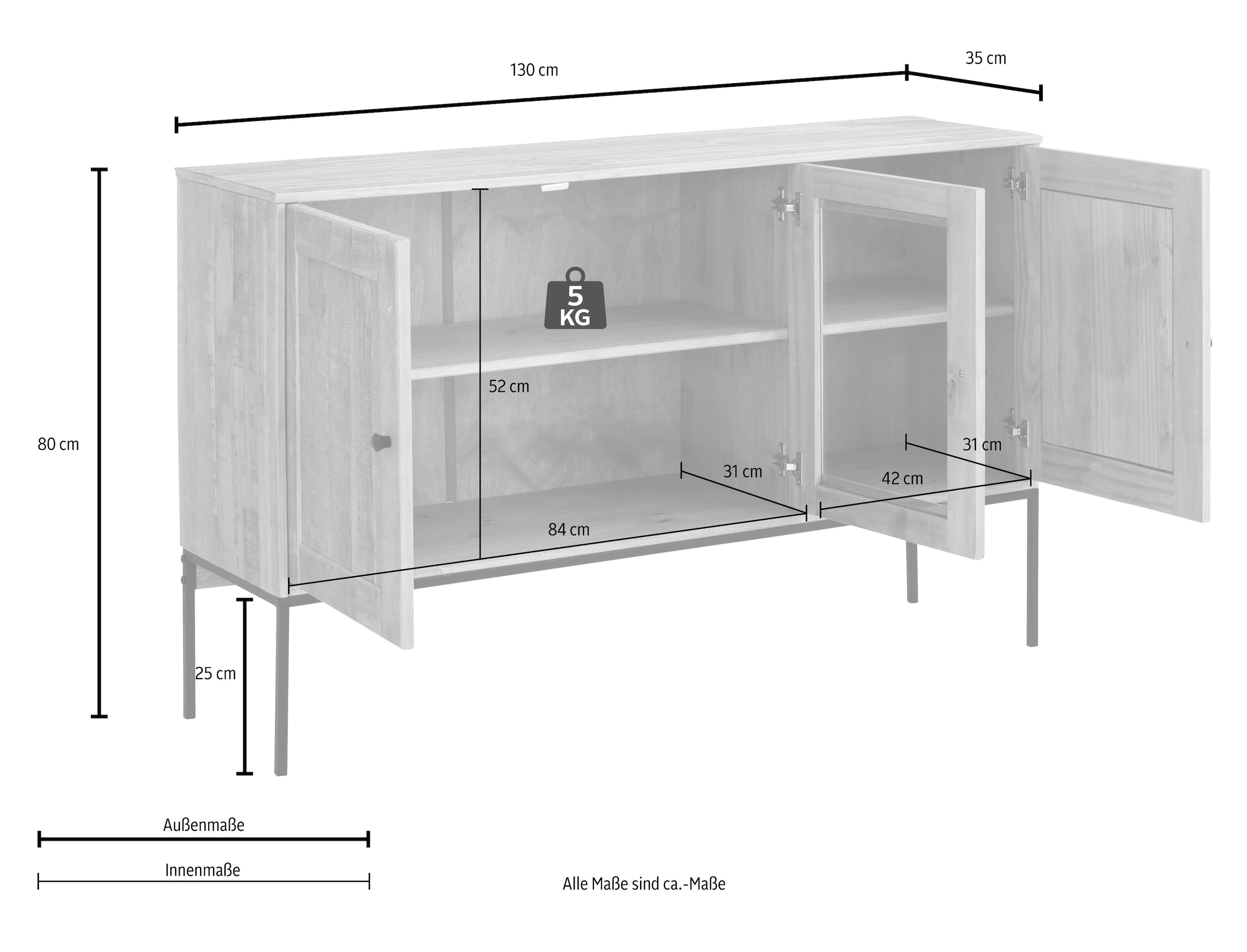 Home affaire Sideboard »Freya«, mit 2 Holztüren, Glastür, Metallgriffen, aus Massivholz, Breite 130 cm