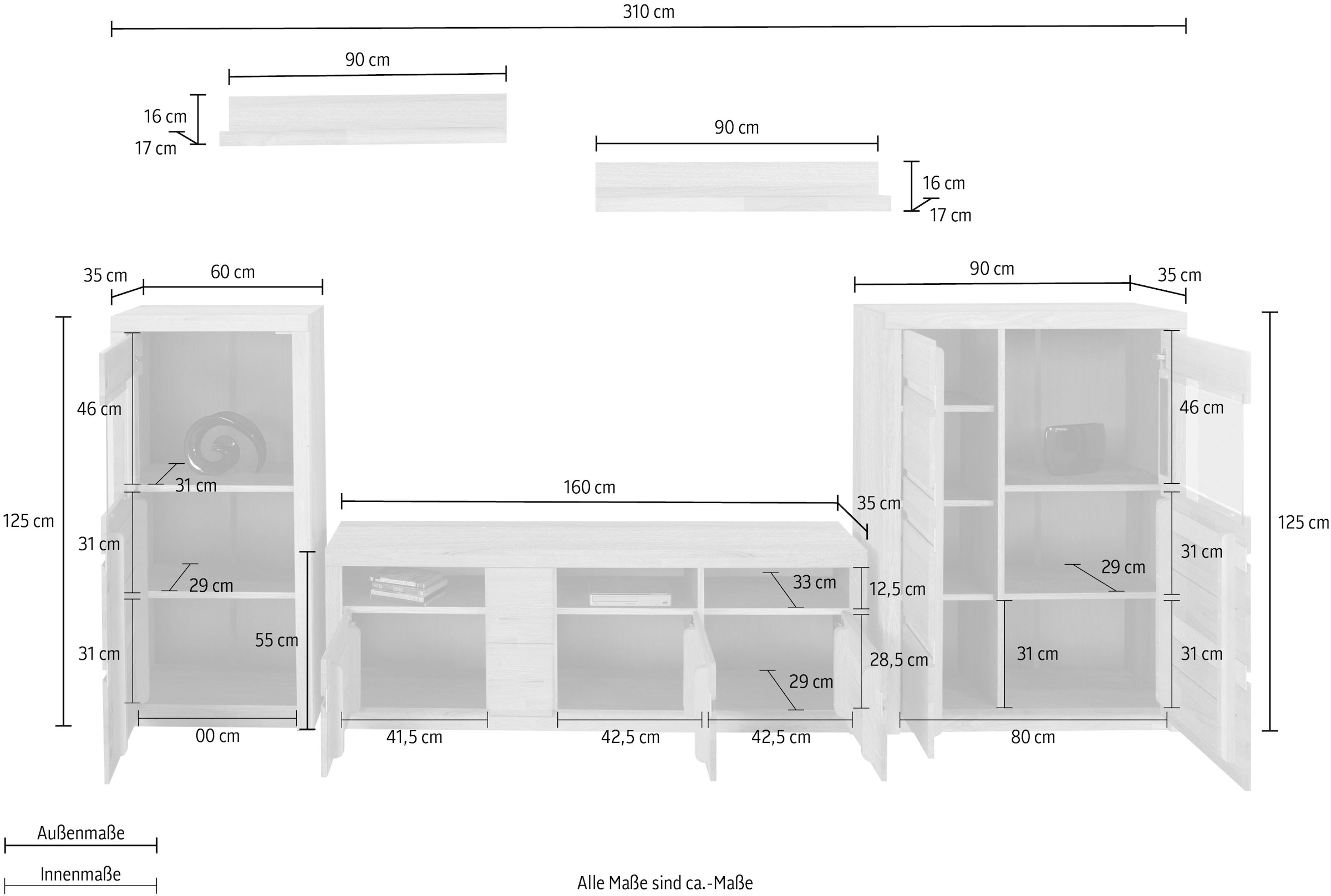 Home affaire Wohnwand »Silkeborg«, (Set, 5 St.), teilmassiv mit schöner griffloser Optik