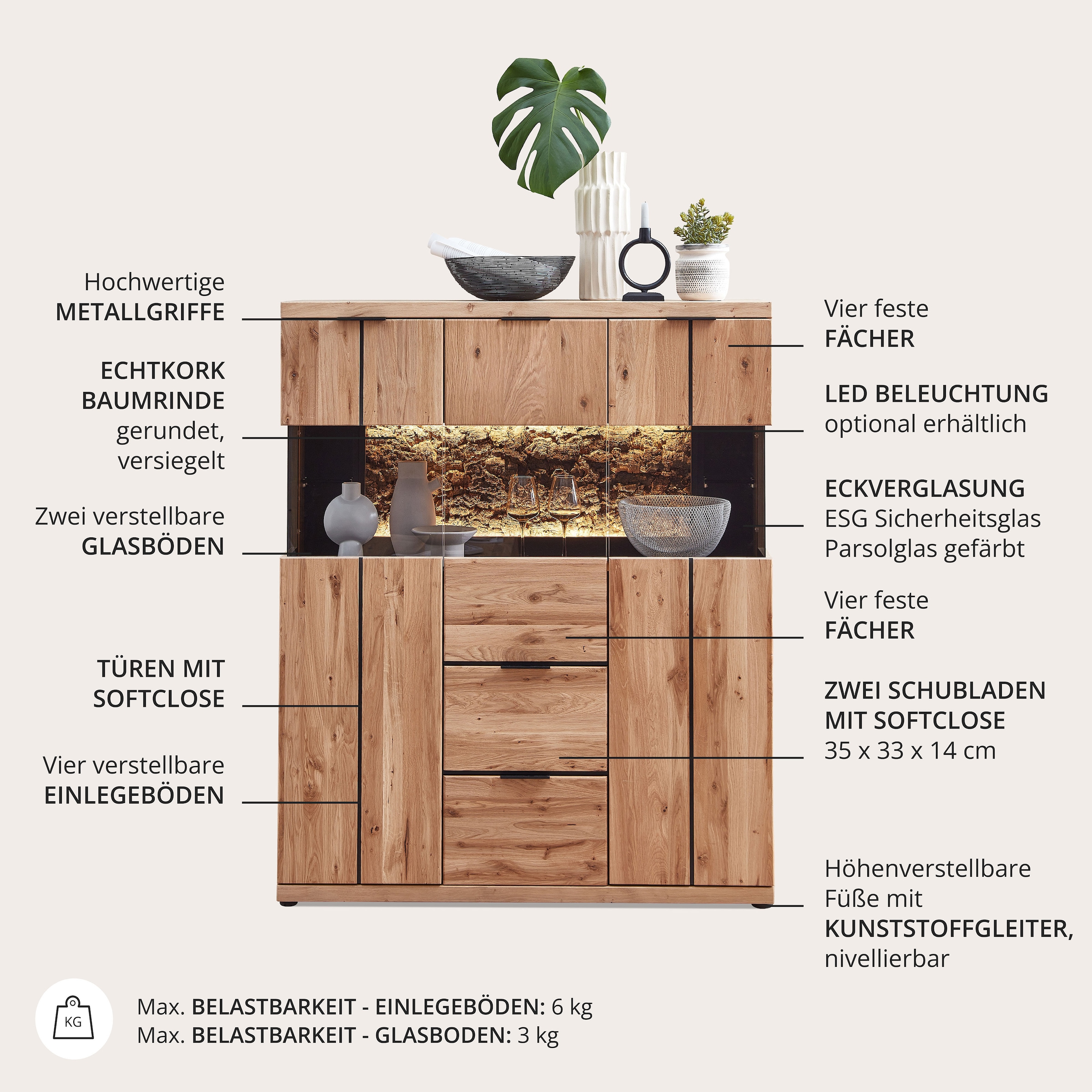 Wohnconcept Highboard »Donna Highboard, 122x144x42 (BxHxT)« 1 Stk. tlg. Beleuchtung optional bestellbar, 3 türig, 2 Schubkasten, Softclose