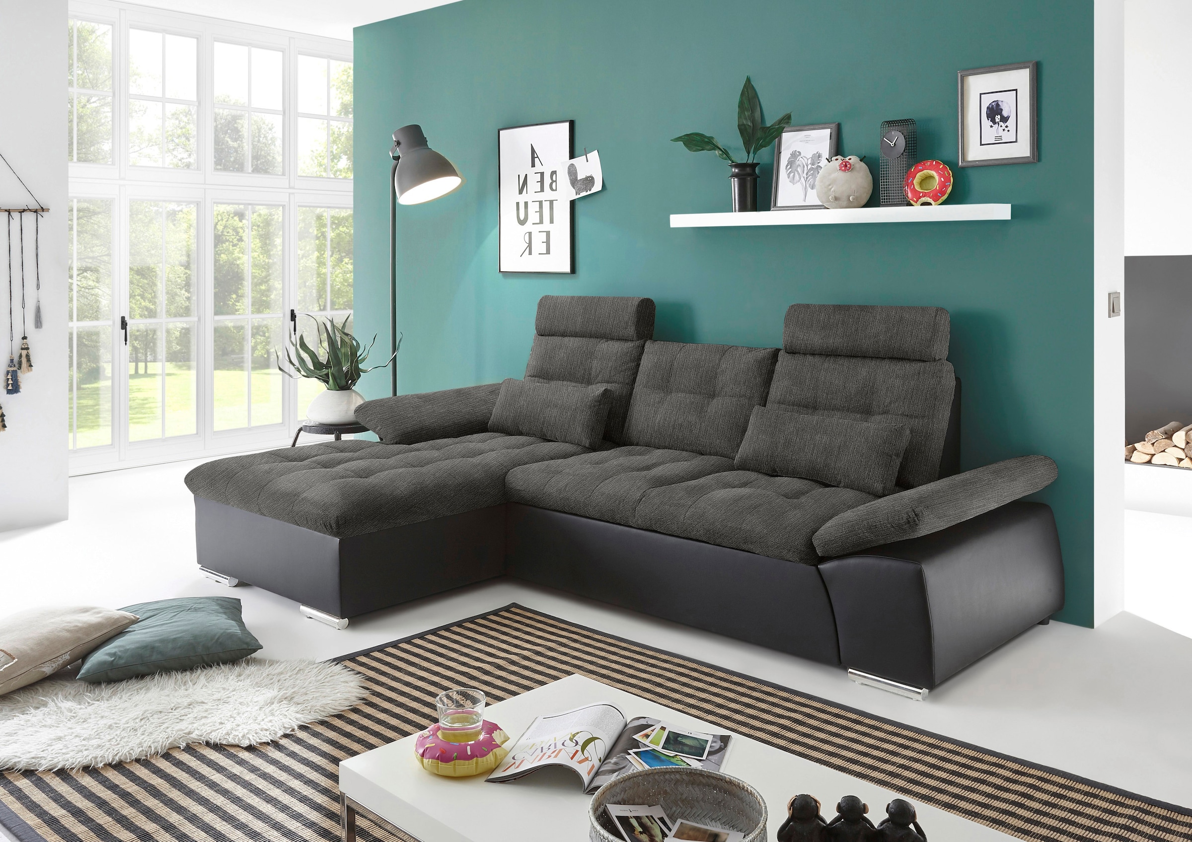 Image of ED EXCITING DESIGN Ecksofa "Jakarta L-Form" mit Bettfunktion, Armteilverstellung, Kopfstützen & 2 Nierenkissen