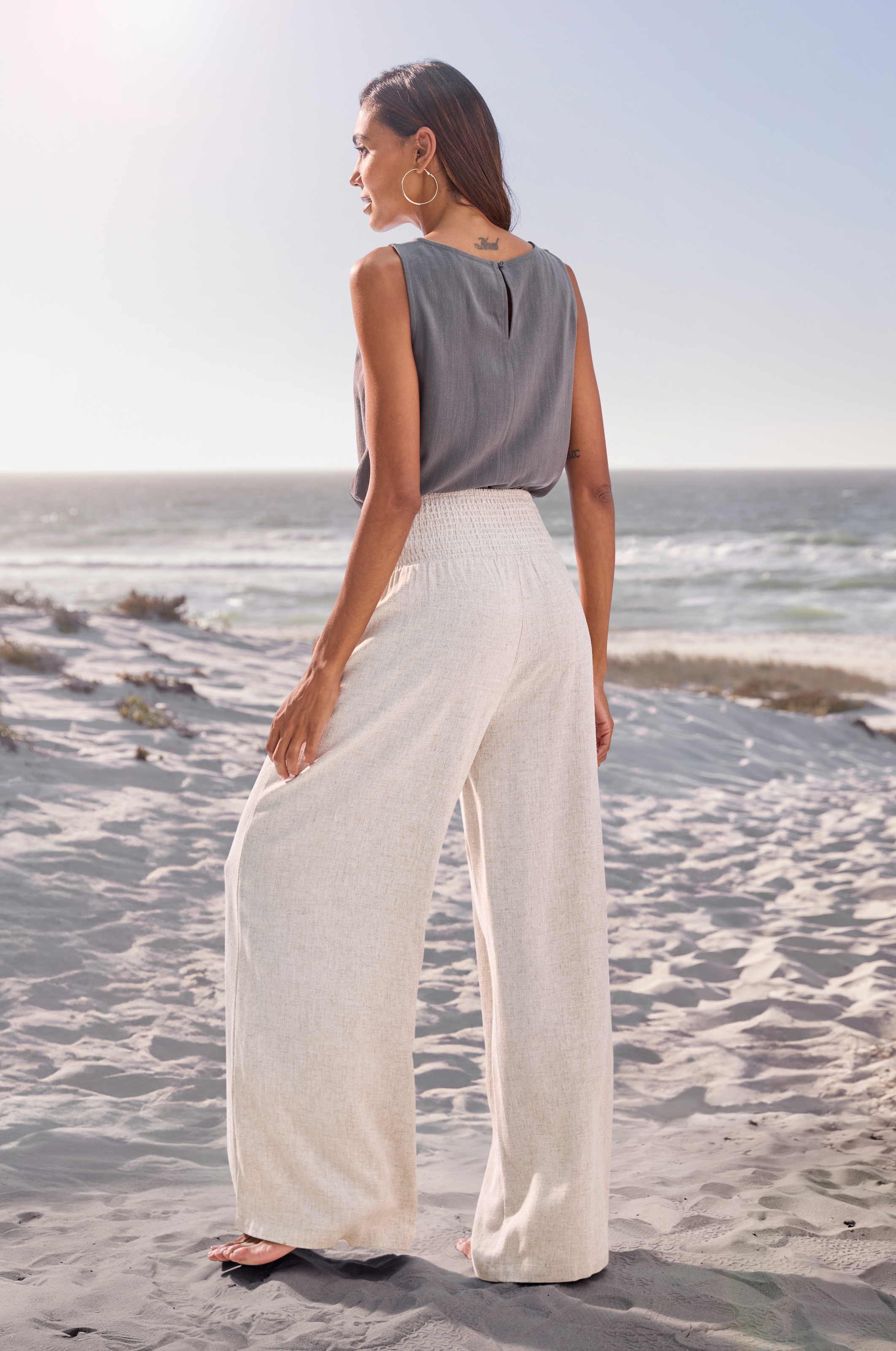 French Connection Leinenhose  mit gerafftem Bund, weite Palazzohose für den Sommer