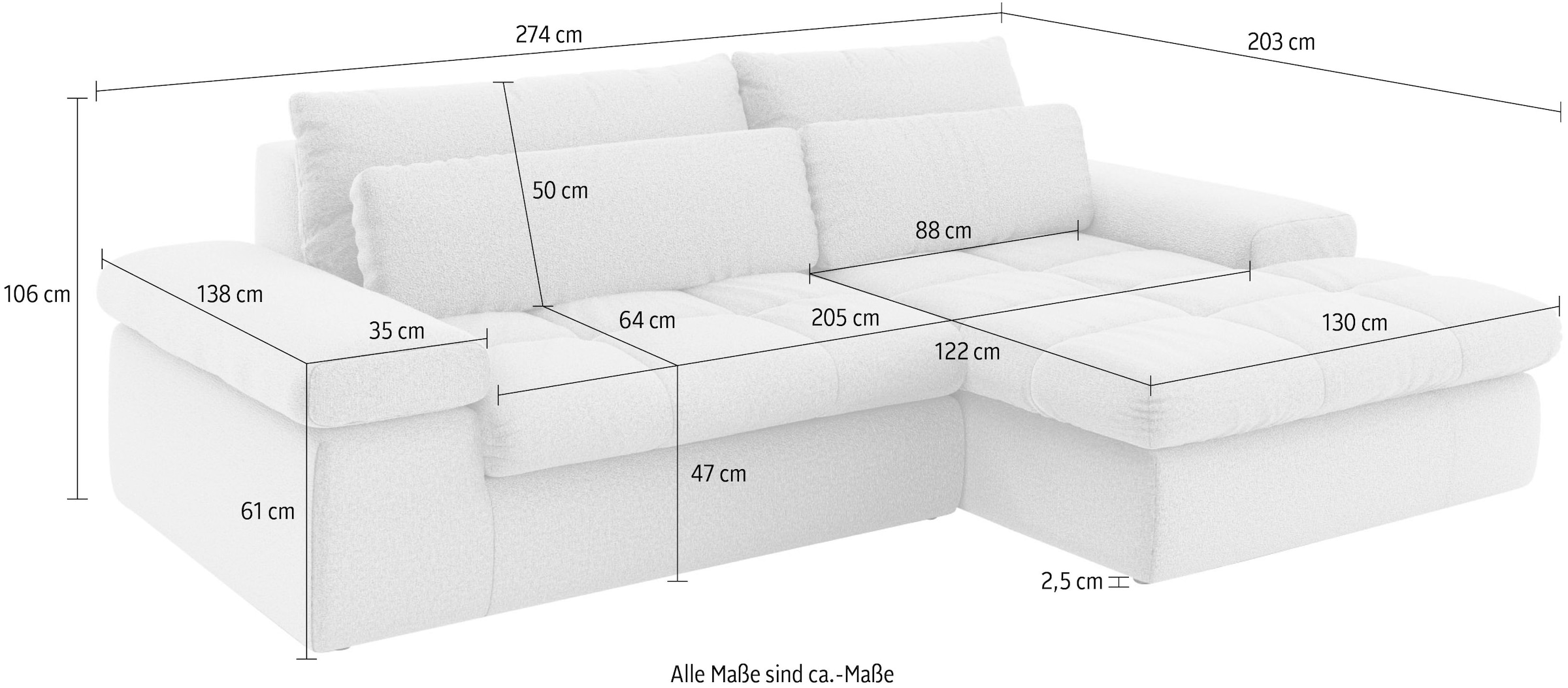 Home affaire Ecksofa »ALVERIE mit Recamiere, moderne Steppung, Masse: B/T/H 274/203/106 cm«, L-Form mit Wellenunterfederung, mit 4 Rückenkissen, pflegeleicht Stoff