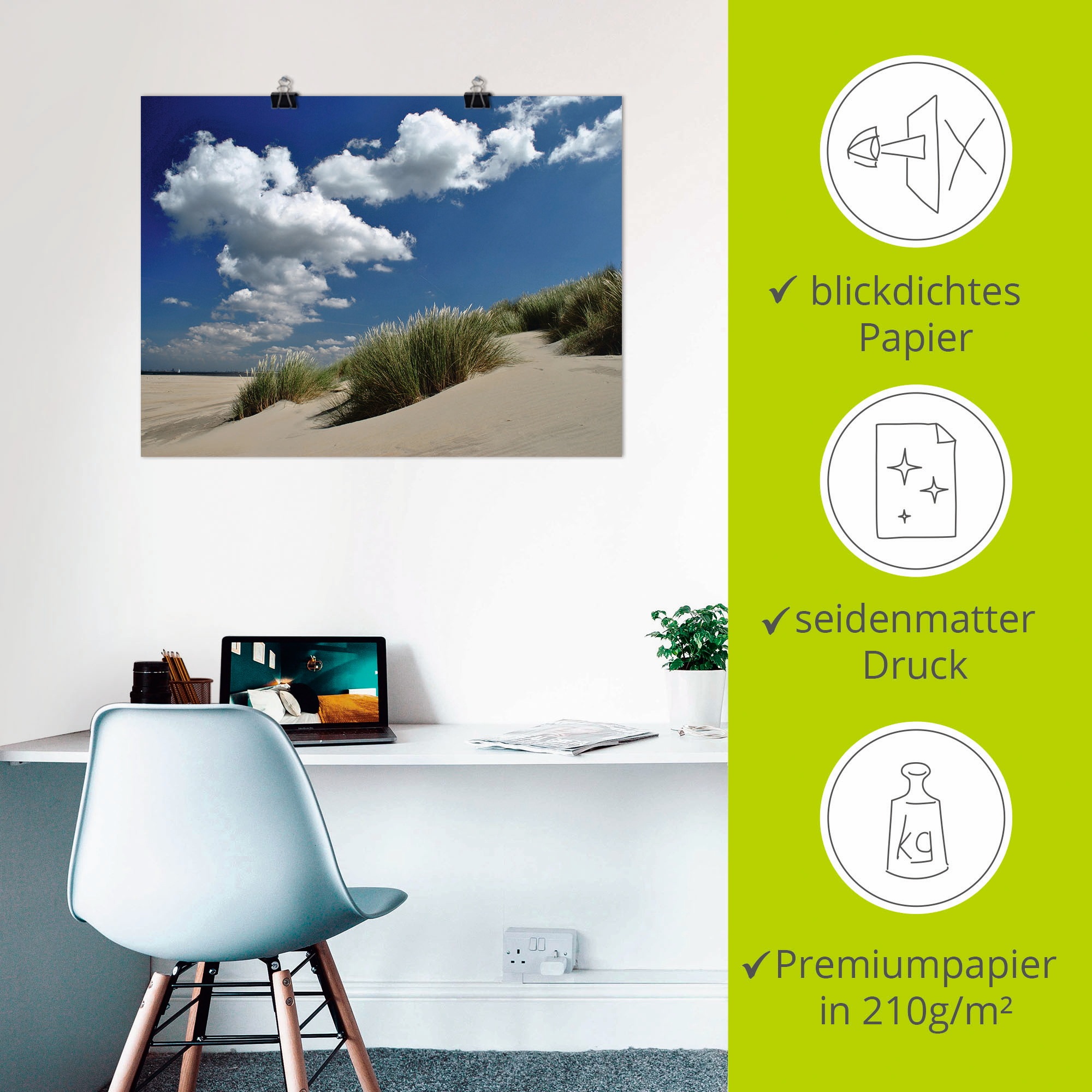 Artland Poster »Himmel, Dünen und Meer«, Strand, (1 St.), als Leinwandbild, Wandaufkleber oder Poster in versch. Grössen