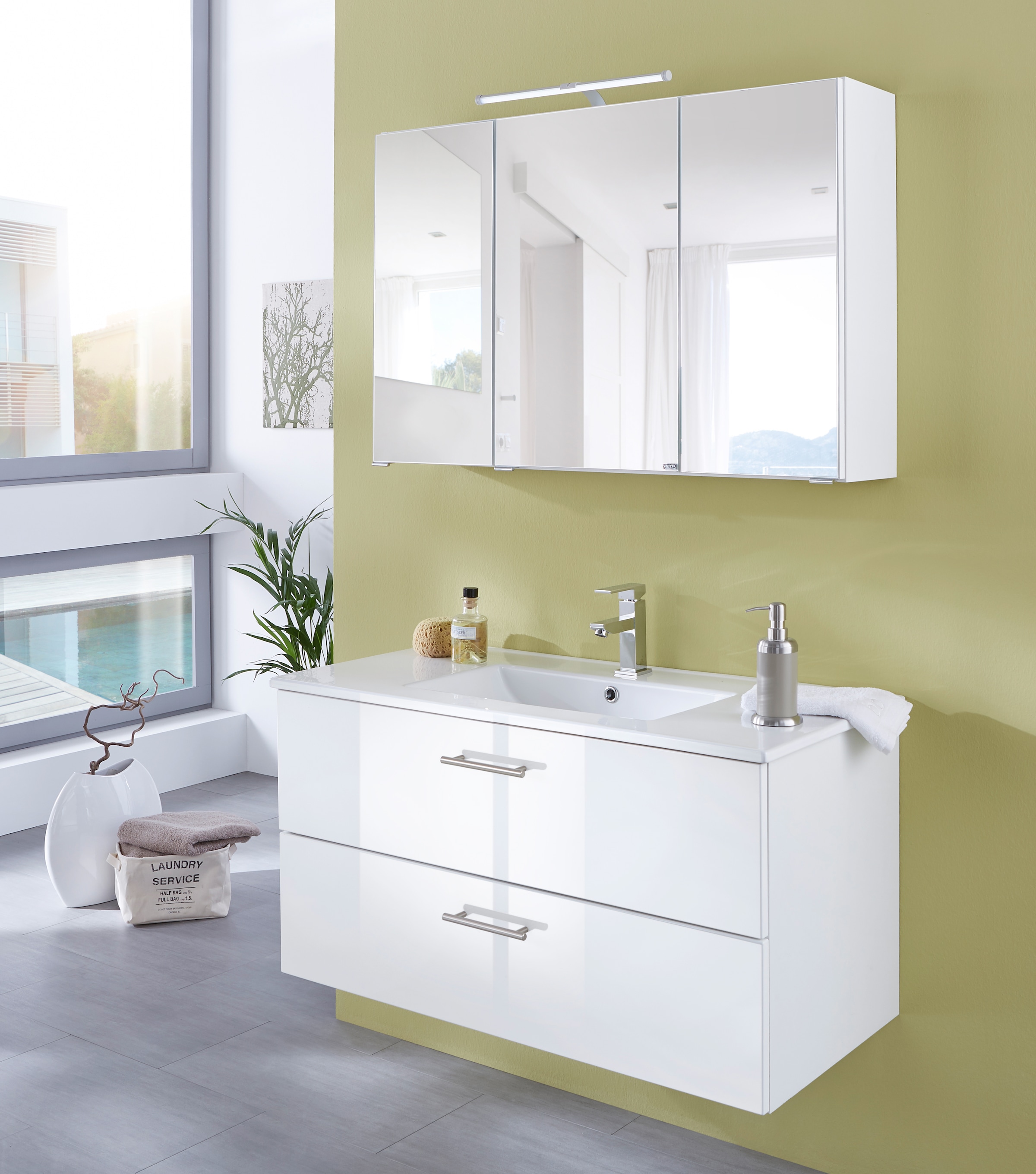 welltime Table de lavage »Trento in verschiedenen Ausführungen Unterschrank inkl. Waschbecken« meuble de salle de bain largeur 100 cm, plan vasque avec 2 tiroirs, armoire de salle de bain