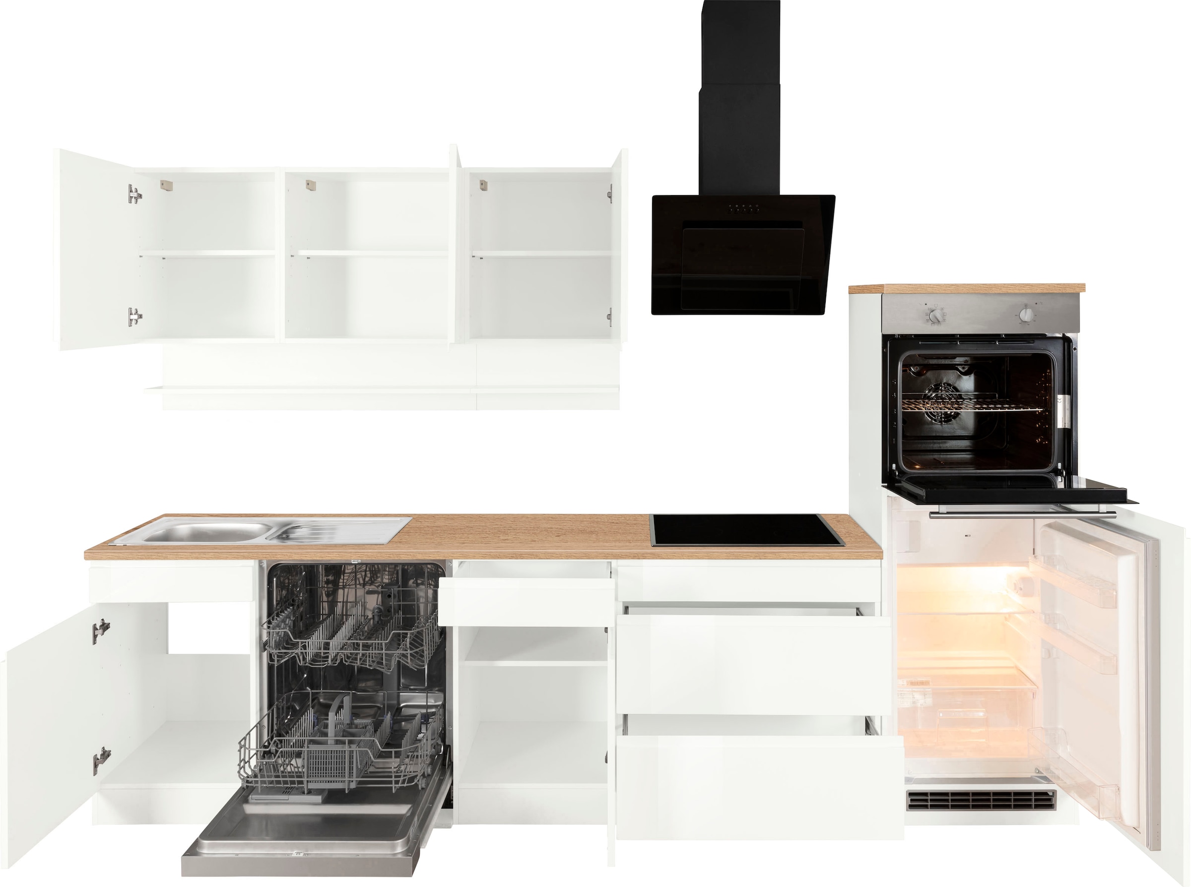 KOCHSTATION Küchenzeile »KS-Virginia,neu in verbesserter Ausführung« Arbeitsplatte 38 mm stark, Stauraum, Softclose,  Breite 300 cm, Soft-Close, ohne E-Geräte