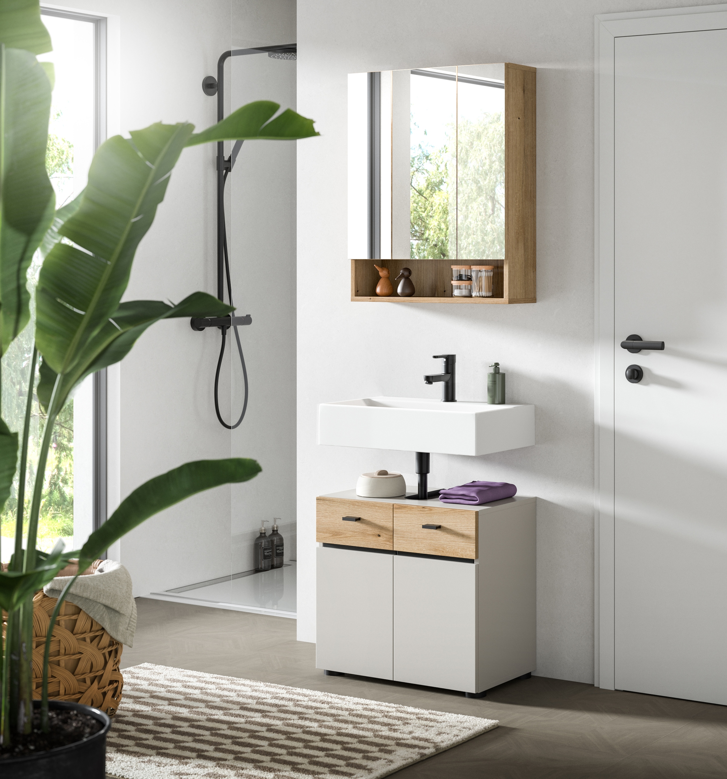 welltime Ensemble de meubles de salle de bain »VANN, 2-teilige moderne Badkombination« 1x Waschbeckenunterschrank, 1x Spiegelschrank, 2 cuis tlg.