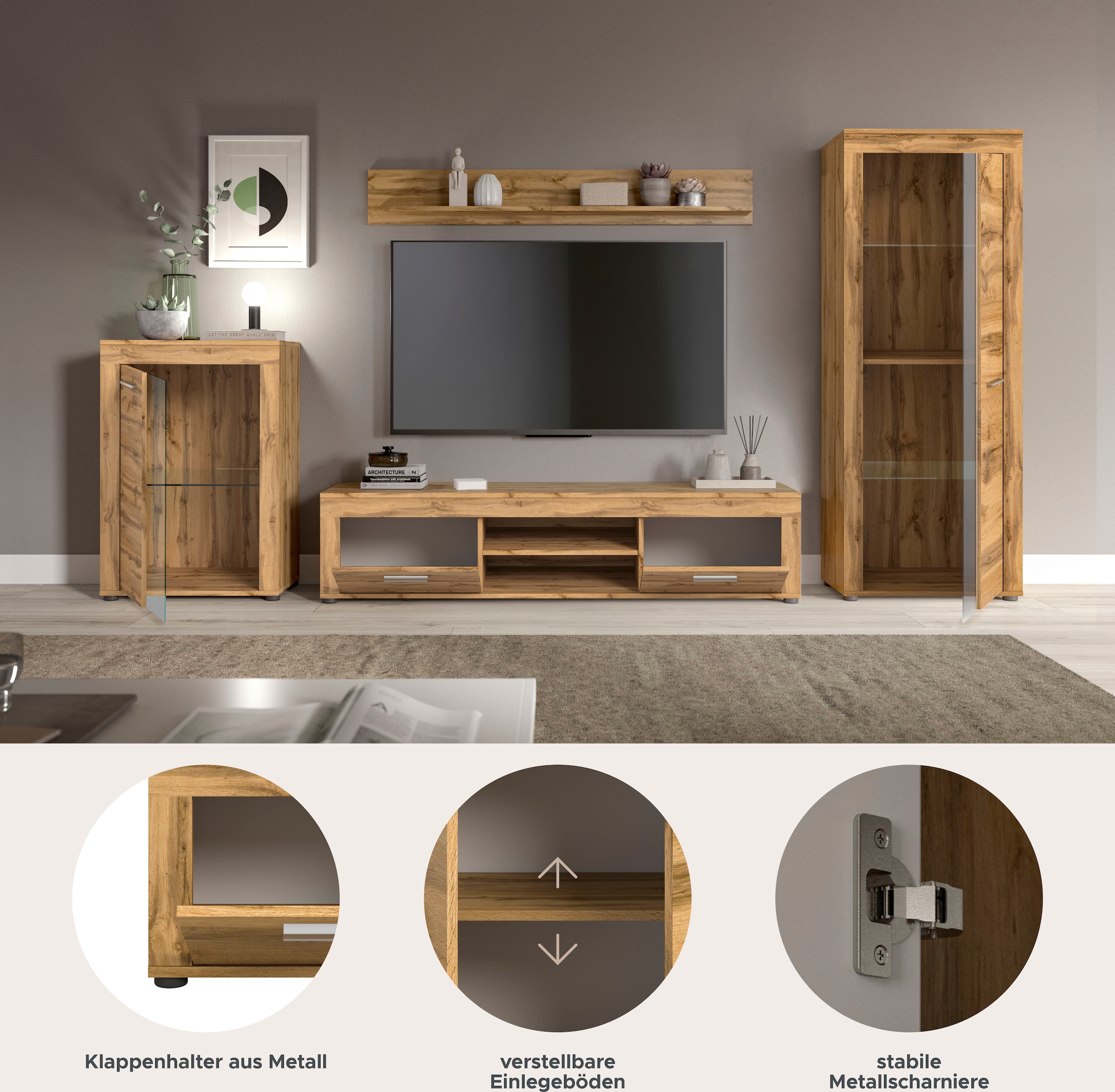 INOSIGN Wohnwand »Aosta,  4-tlg., best. aus: Vitrine, Lowboard, Wandboard & Vitrine hoch« 4 Stk. tlg.