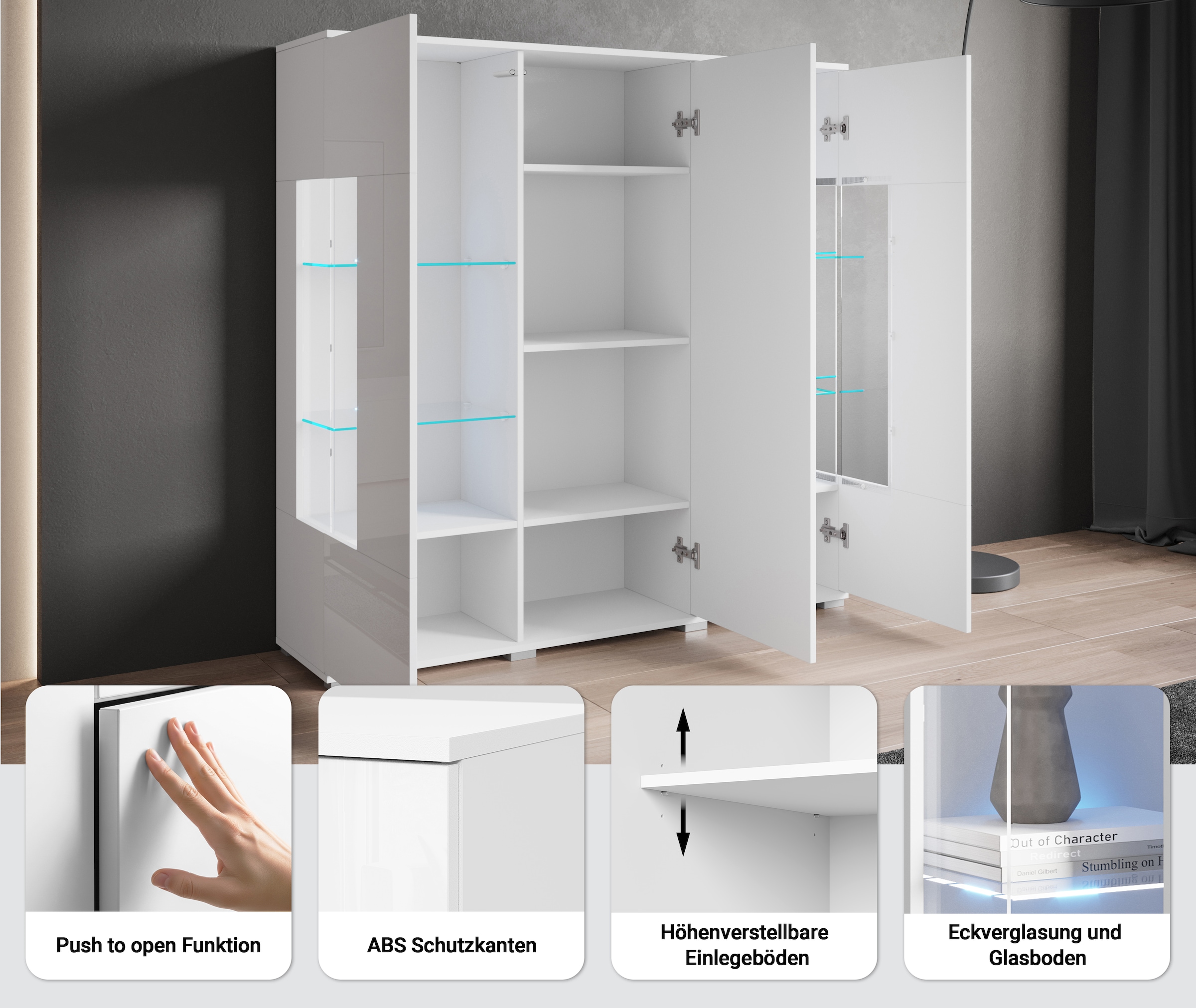 GOODproduct »Kenia« 1 cuis tlg. Buffet moderne, avec portes en verre, largeur 135 cm