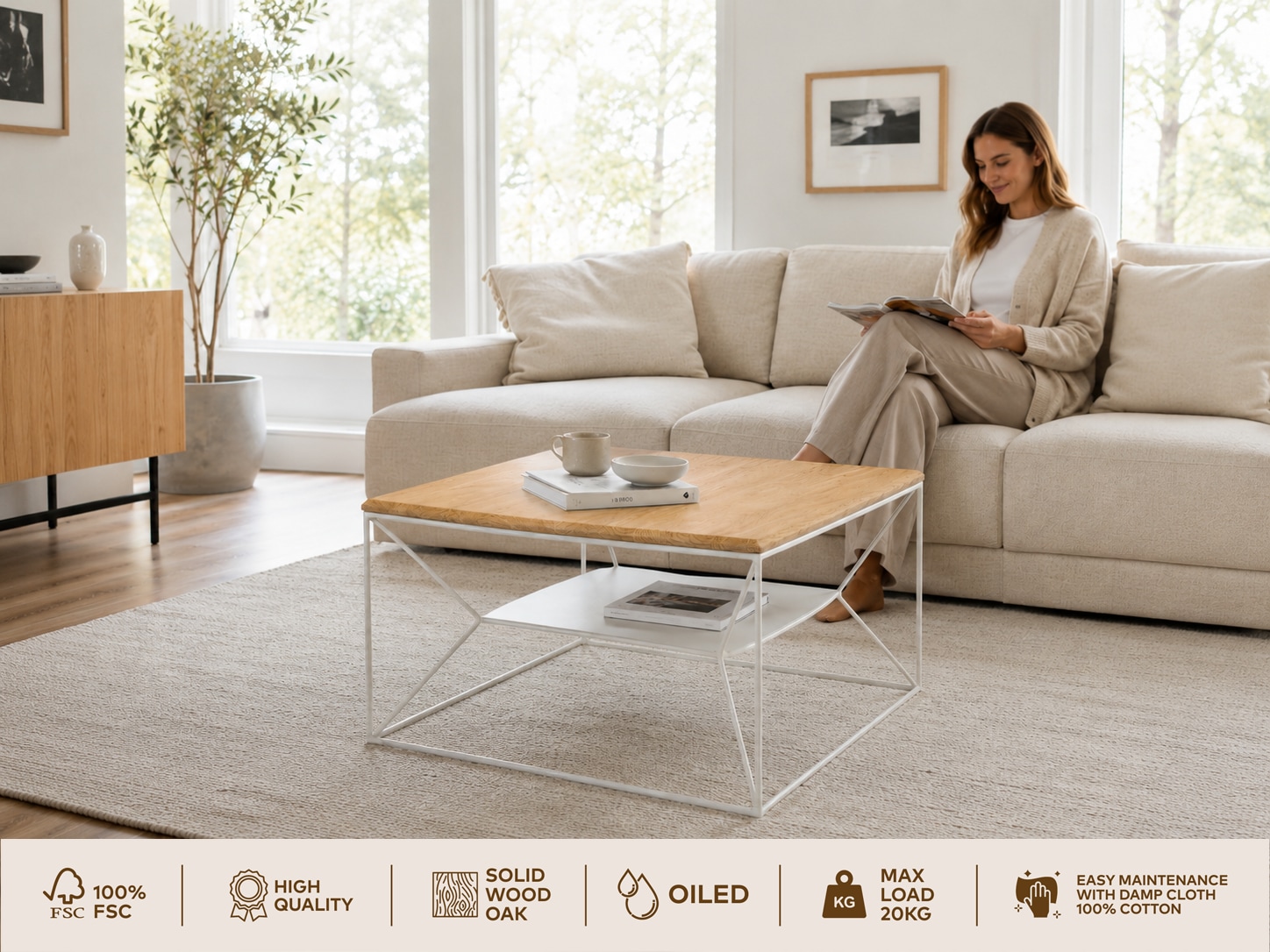 GOODproduct Couchtisch »Inari, Wohnzimmertisch, Sofatisch, Beistelltisch, Kaffeetisch« Wildeiche massiv geölt 18 mm, Metallgestell pearl white mit Ablage