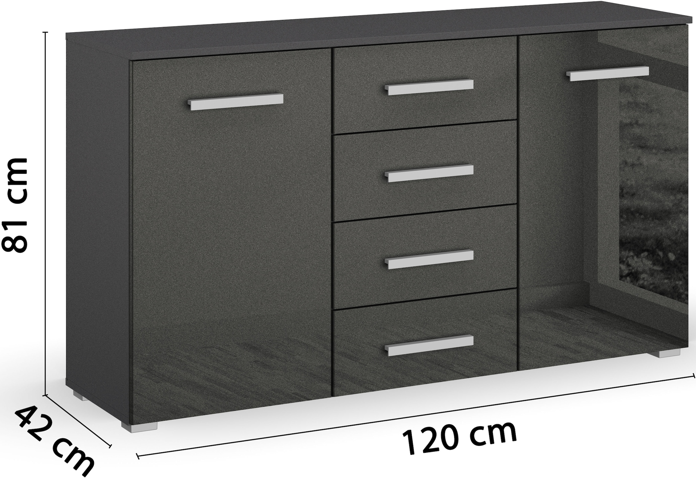 rauch Schubkastenkommode »Sideboard Kommode Kombikommode KOLUNA mit Hochglanzfront« Breite 120 cm mit eleganter Hochglanzfront,  vier grosse Schubladen, mit insgesamt 4 Einlegeböden MADE IN GERMANY