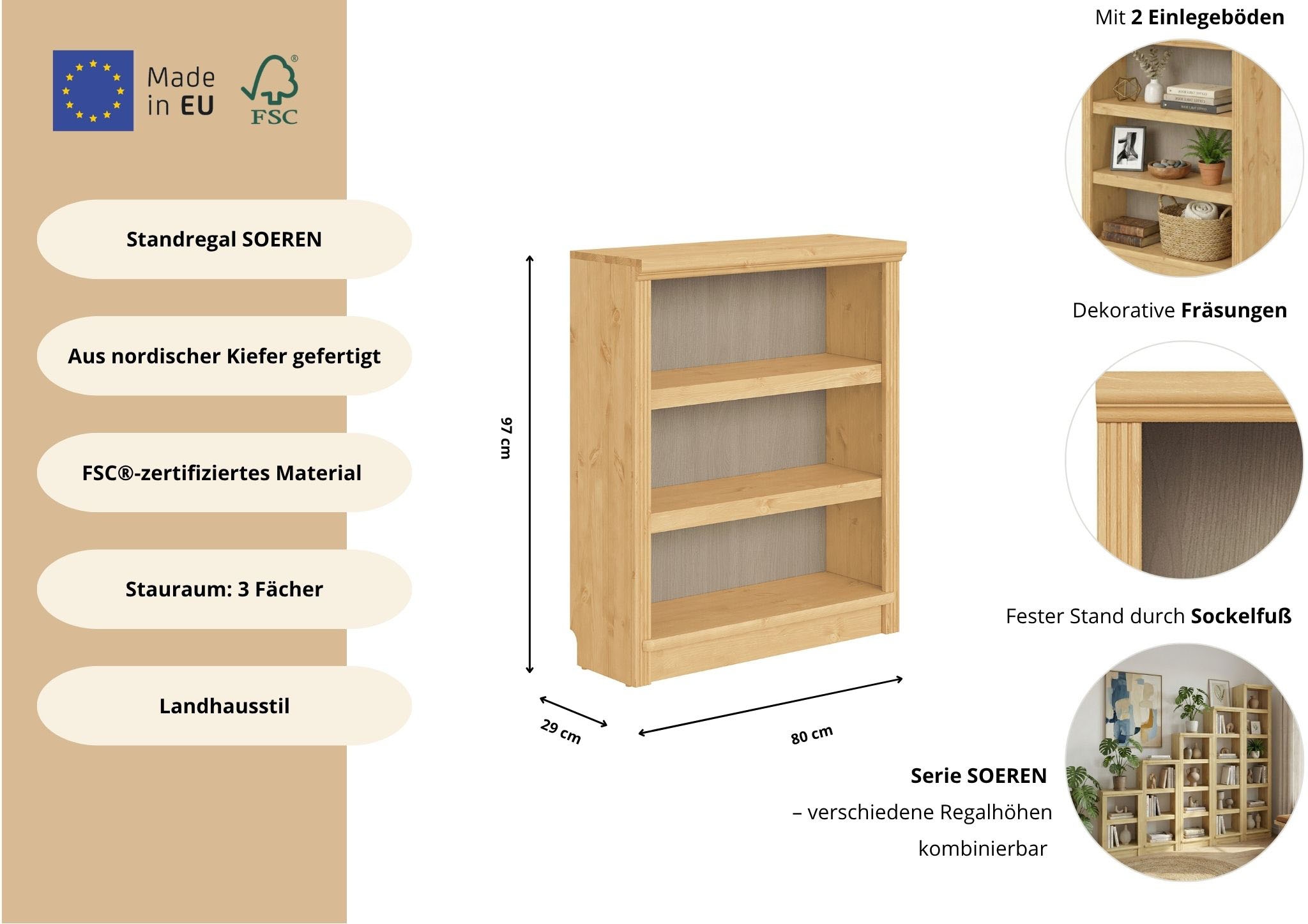 GOODproduct Étagère sur pied »Soeren Regal Bücherregal B/T/H: 80/29/97 cm« pin massif, certifié FSC®