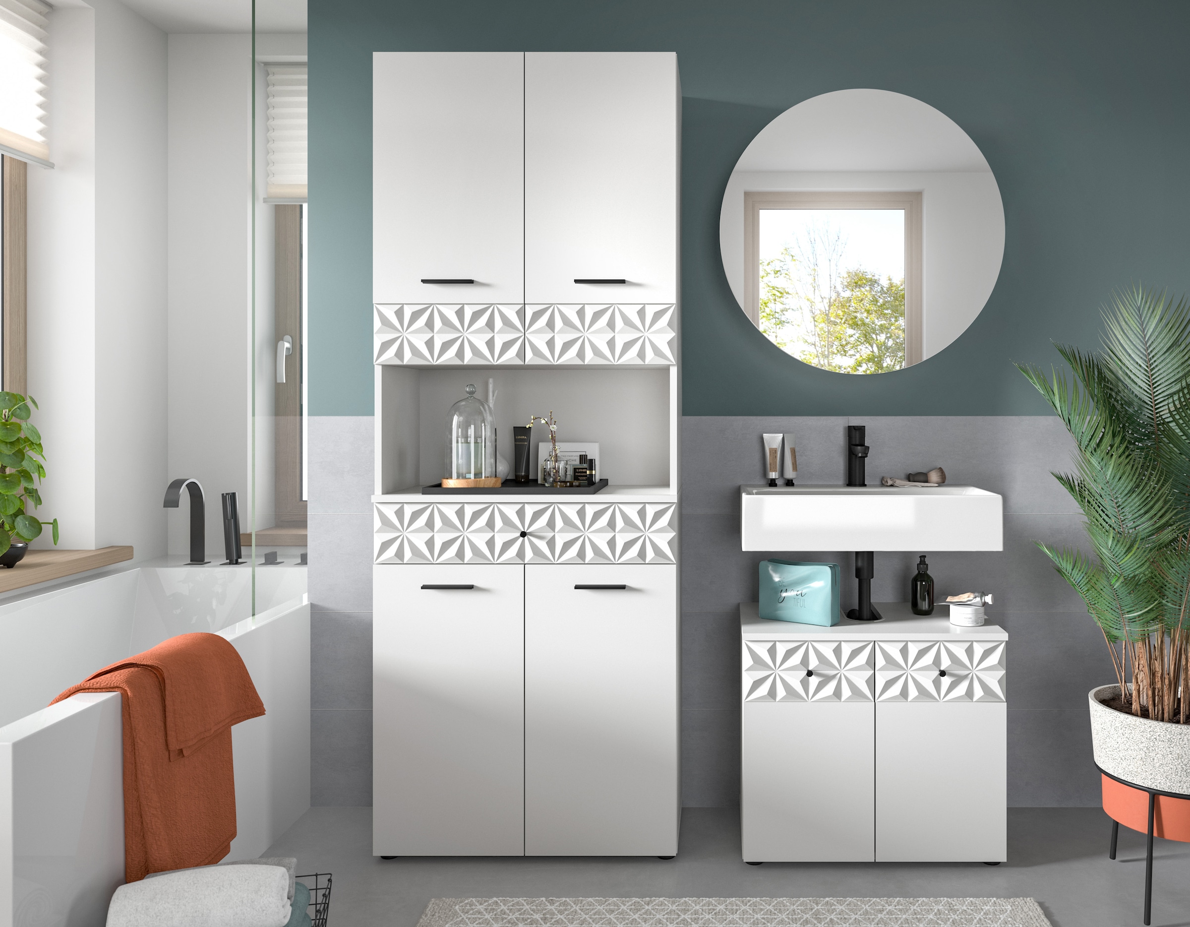 INOSIGN Ensemble de salle de bains »VICENZA, TOPSELLER!, Breite 145cm, 3-teilig, mit Ornamentabsetzung« best. aus: Hochschrank, Waschbeckenunterschrank und Spiegelschrank, 