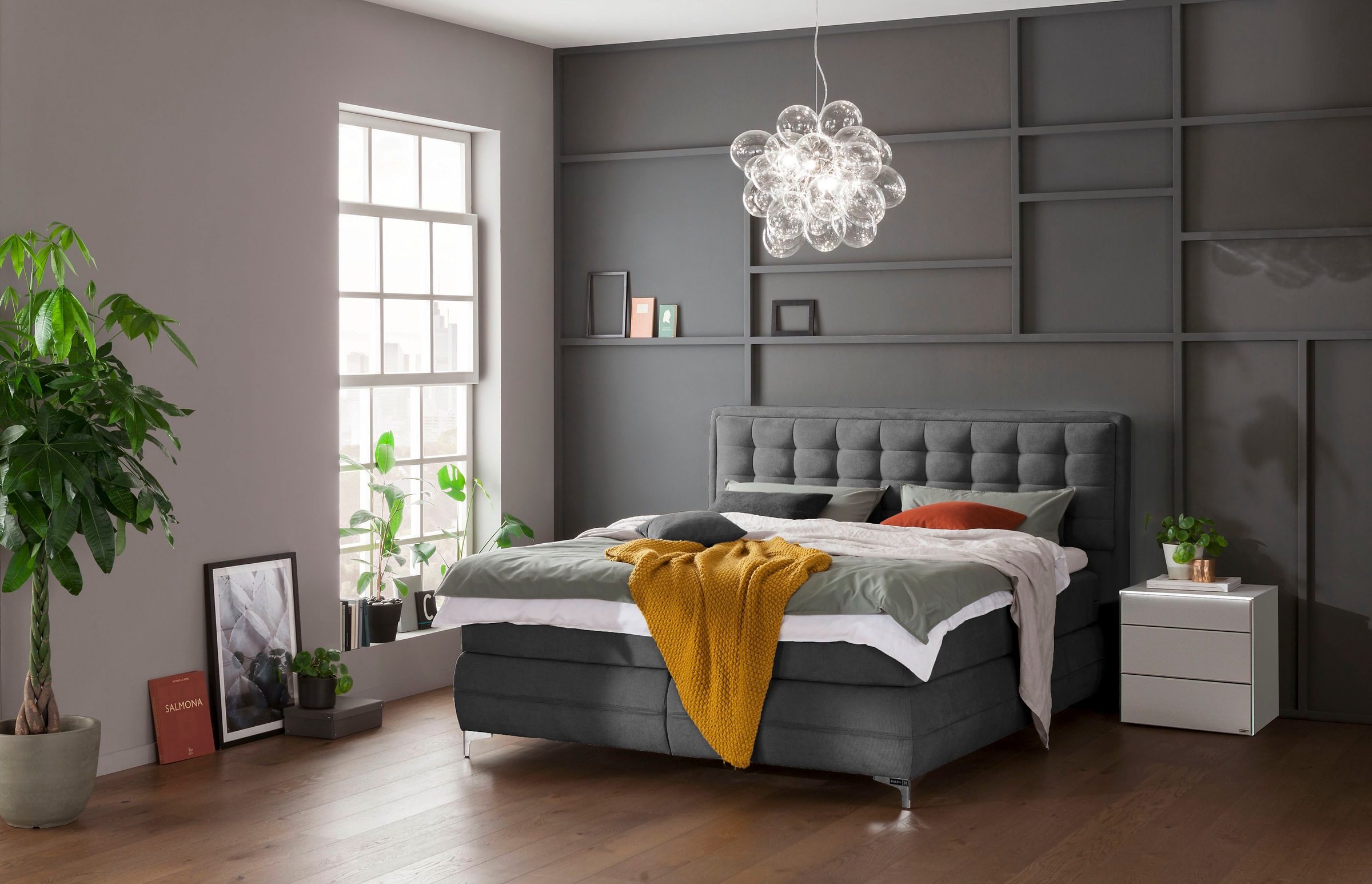 Musterring Boxspringbett »Dubai« Winkelfuss in Chrom, 3 Härtegrade, Kopfteil in Kassettensteppung