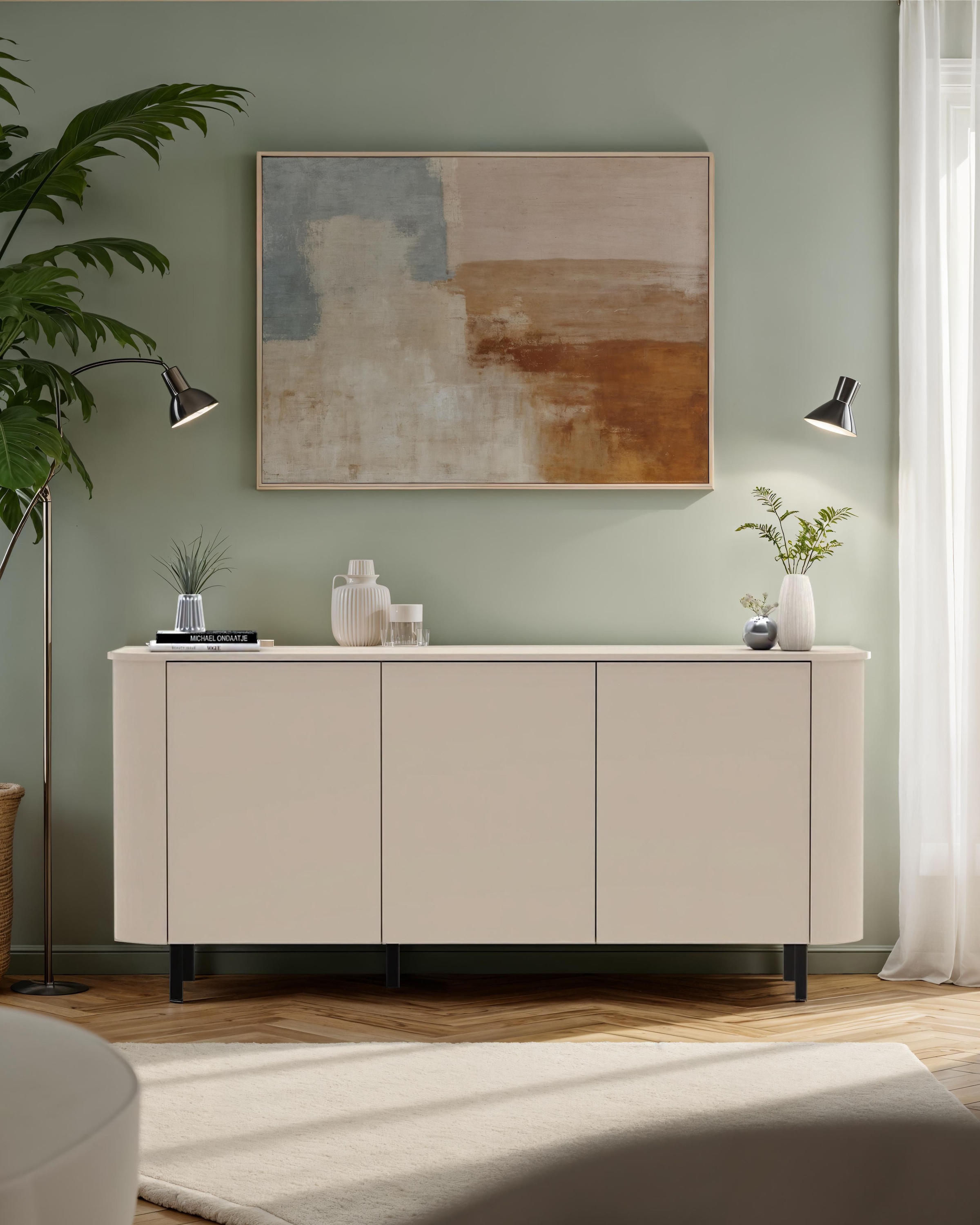 INOSIGN Sideboard »Lido, 181 cm breit, 3 Türen, Anrichte, Kommode, Stauraumschrank« Formgebogenes MDF, Stirnseiten mit Rundung, Push-to-open, Metallfüsse