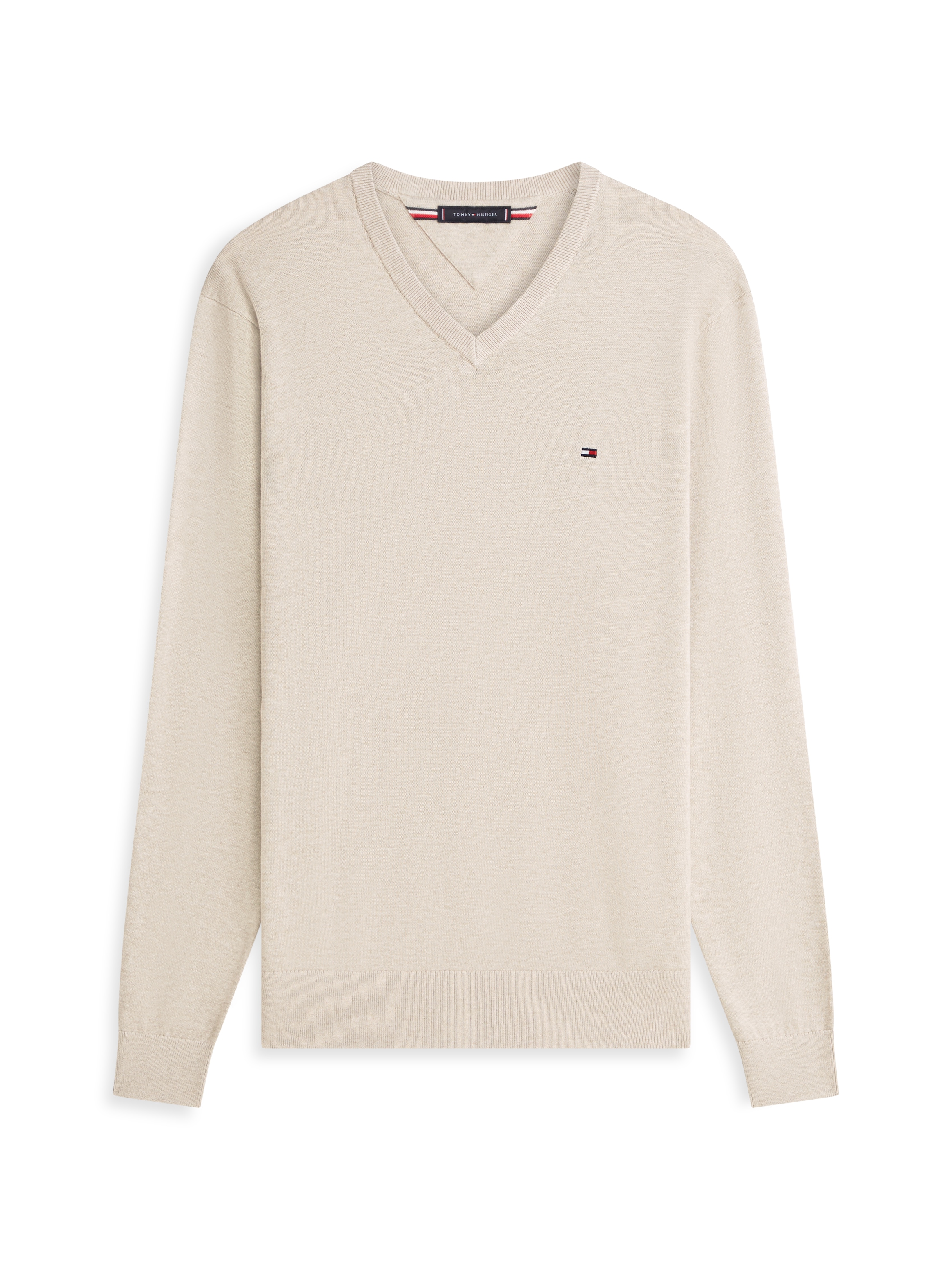 Tommy Hilfiger Pull en tricot »ESSENTIAL COTTON V NECK mit V-Ausschnitt und Stickerei« Uni, décontracté, coupe régulière, coton, col en V
