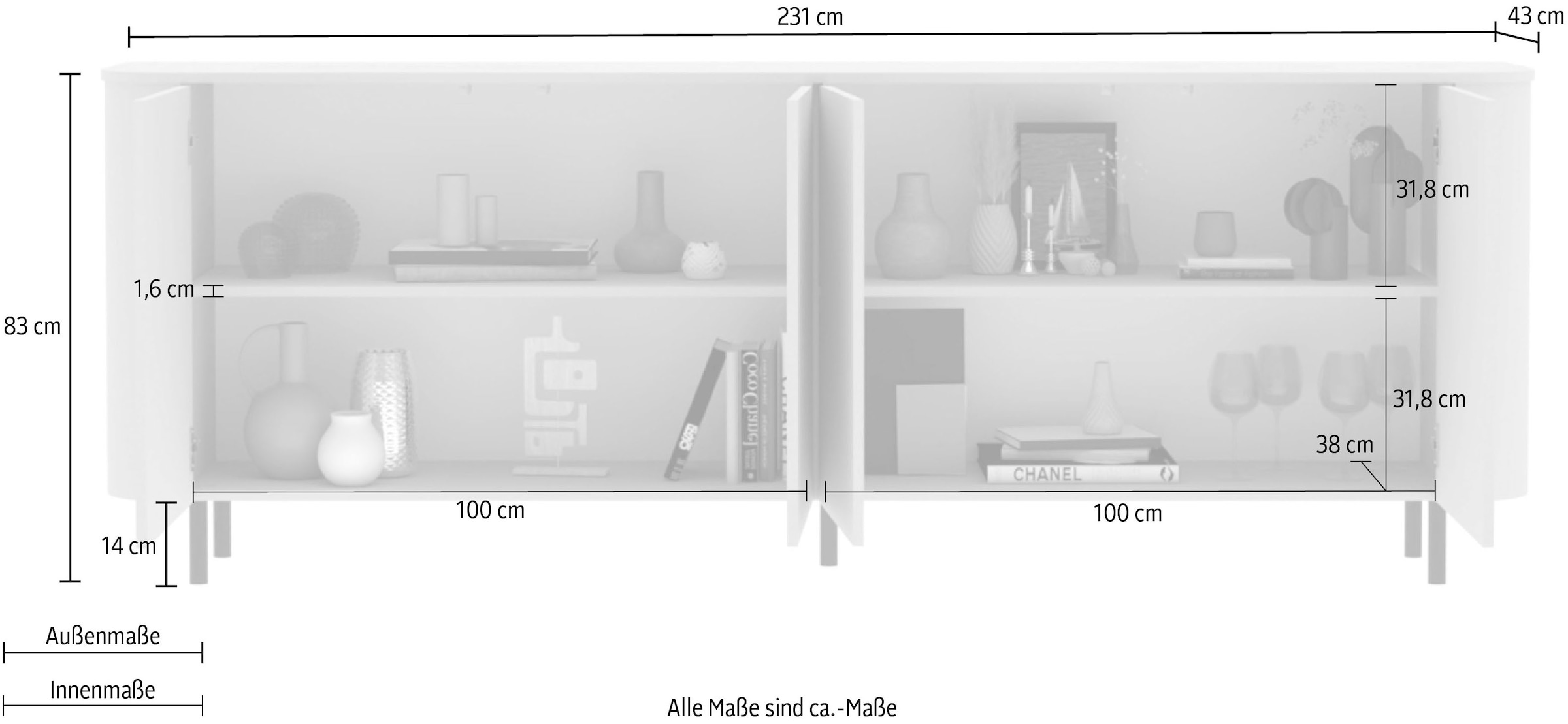 INOSIGN Sideboard »Lido, 231 cm breit, 4 Türen, Anrichte, Kommode, Stauraumschrank« Formgebogenes MDF, Stirnseiten mit Rundung, Push-to-open, Metallfüsse