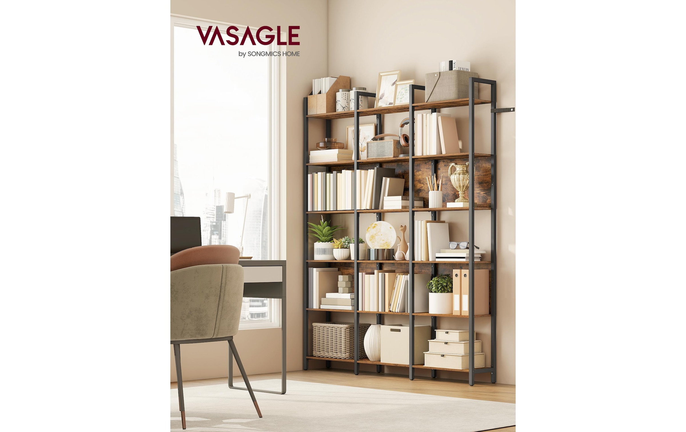 VASAGLE Bücherregal »128 x 24 x 187.1 cm« Industrie-Design-Bücherregal mit sechs Ebenen aus Holz und Stahl