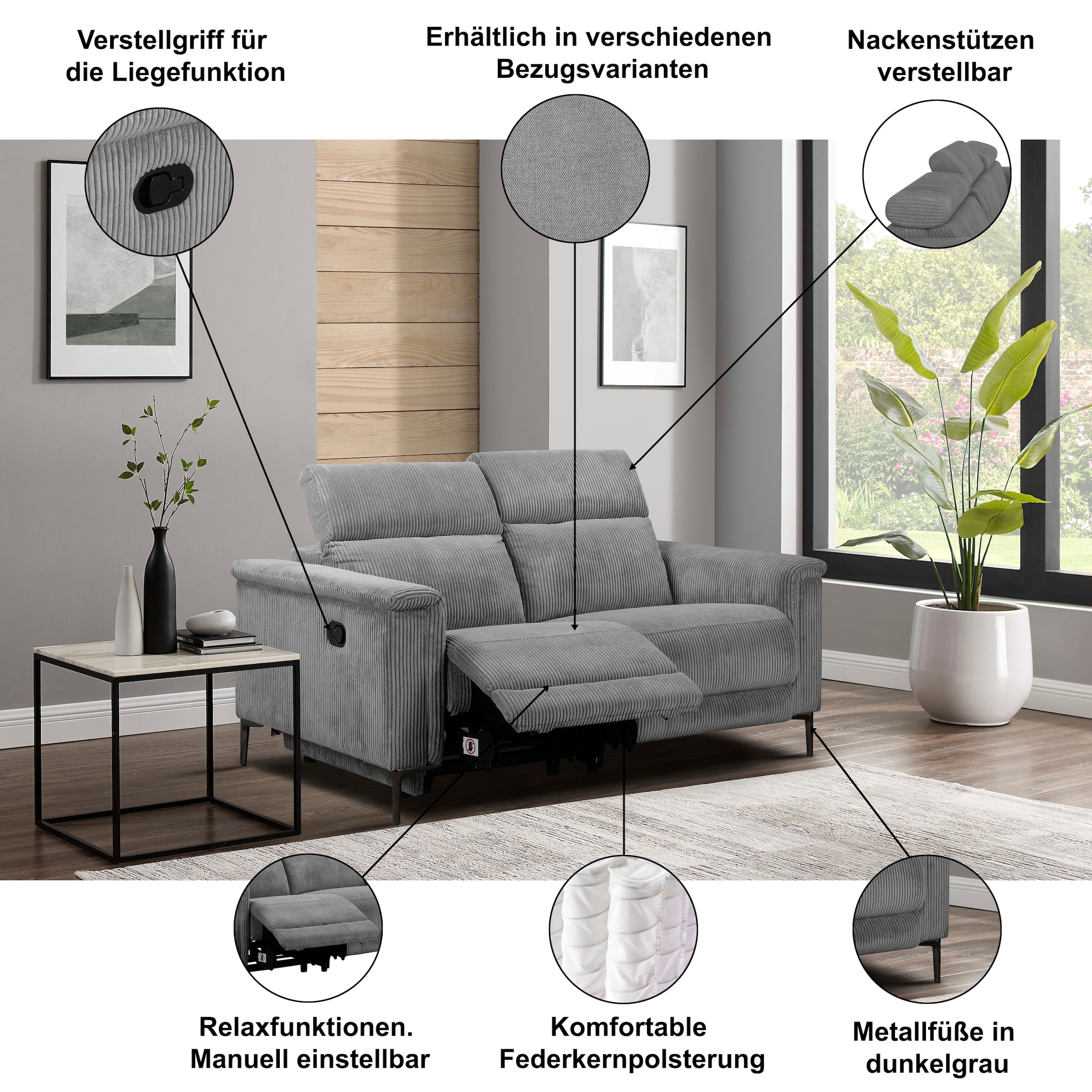 Home affaire 2-Sitzer »Lund« manueller od. elektrischer Relaxfunktion und USB-C,