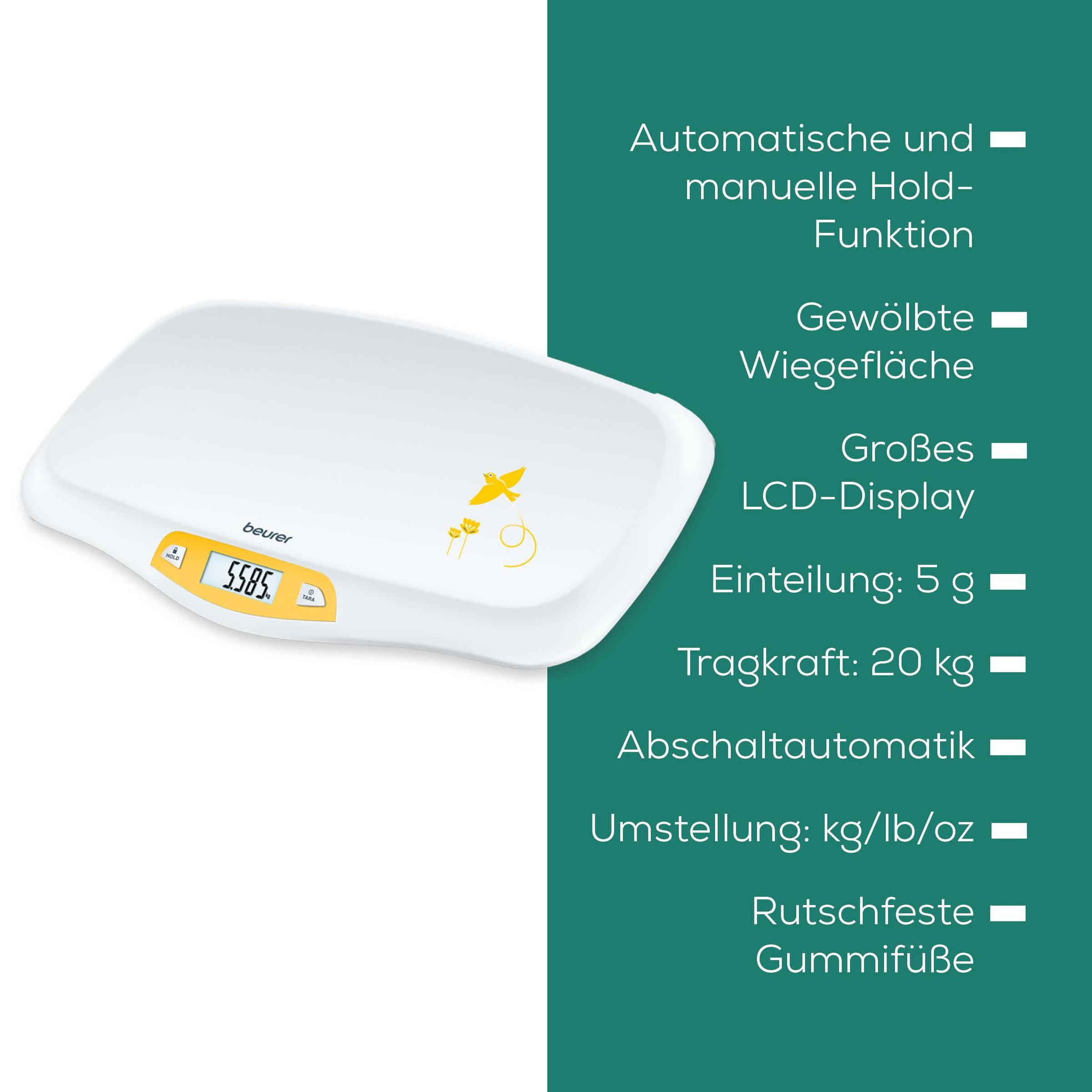 BEURER Personenwaage »BY 80 Babywaage mit Hold-Funktion für genaues Wiegen trotz Strampeln«, Rutschfeste Gummifüsse, einfach zu reinigen