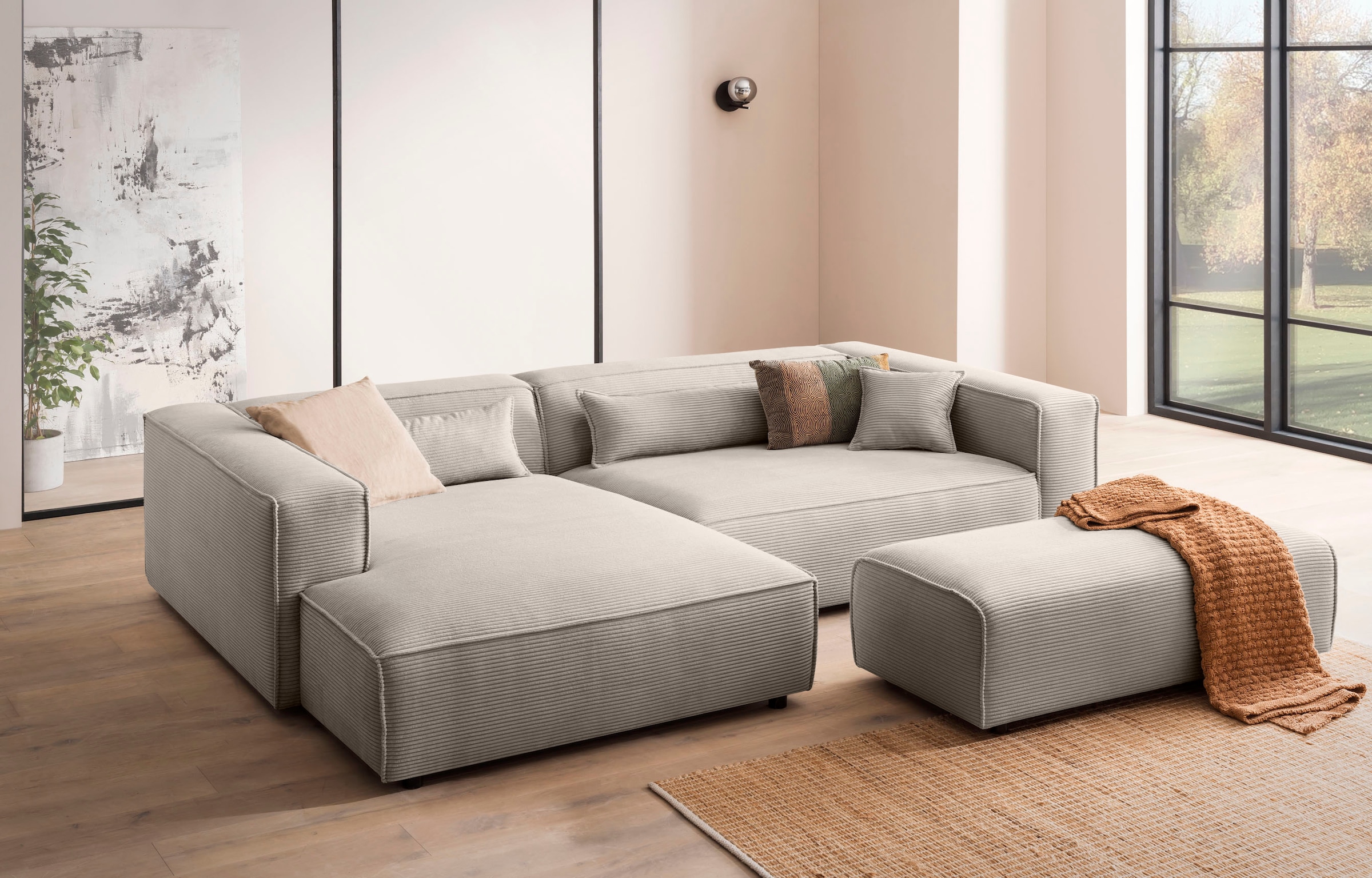LeGer Home by Lena Gercke Polsterecke »PIARA XXL, L-Form, Schlaffunktion, Cord, Leinenoptik o. Strukturstoff«, Hocker stellbar zum Schlafsofa (Krokodilverbinder), tiefe Sitzfläche