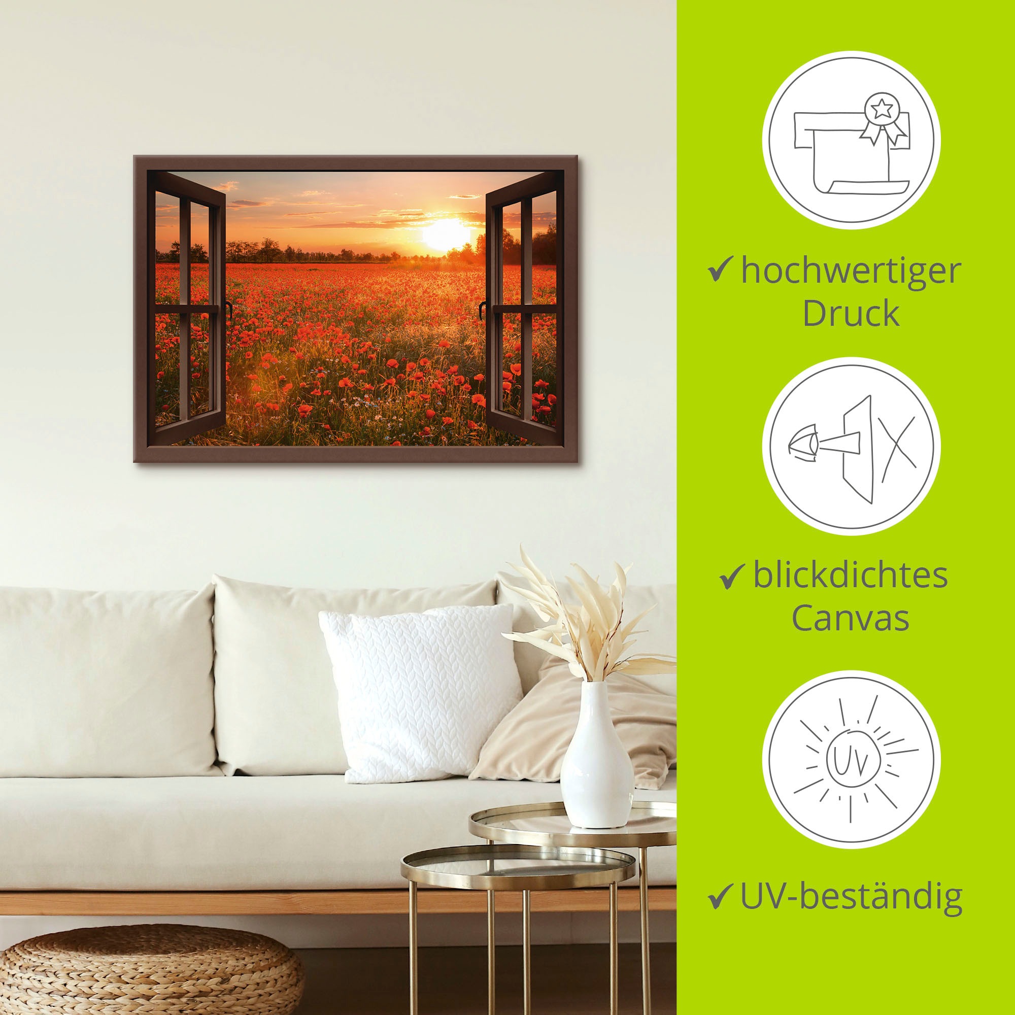 Artland Leinwandbild »Fensterblick Mohnblumenfeld - braun«, Blumen, (1 St.), auf Keilrahmen gespannt