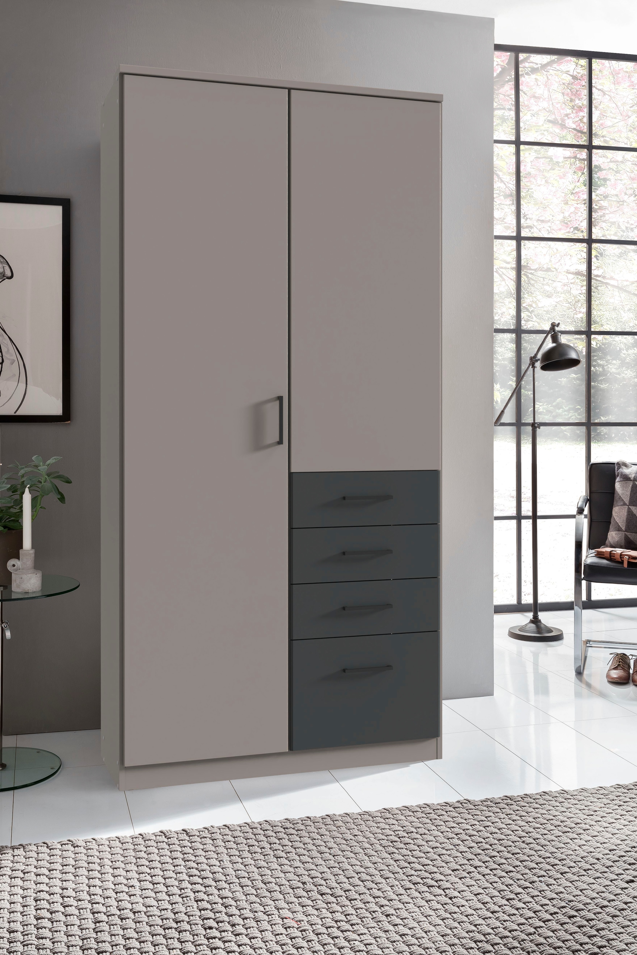 Wimex Kleiderschrank »Cottbus, in weiss oder grau modern kombiniert mit graphitfb.Schubladen«, (in 3 Grössen, schwarze Griffe, Made in Germany), mit 4 Schubladen, wahlweise mit oder ohne Spiegel